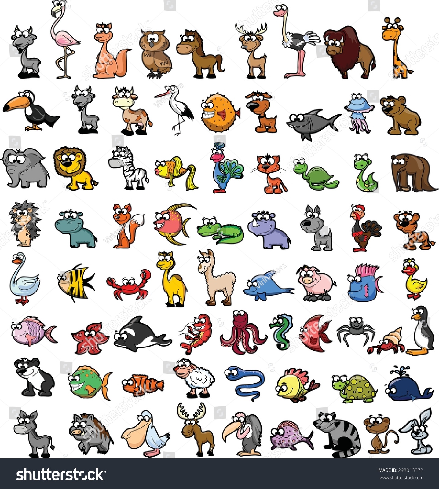 Set Of Cute Cartoon Animals Stock Vector Illustration 298013372 ...