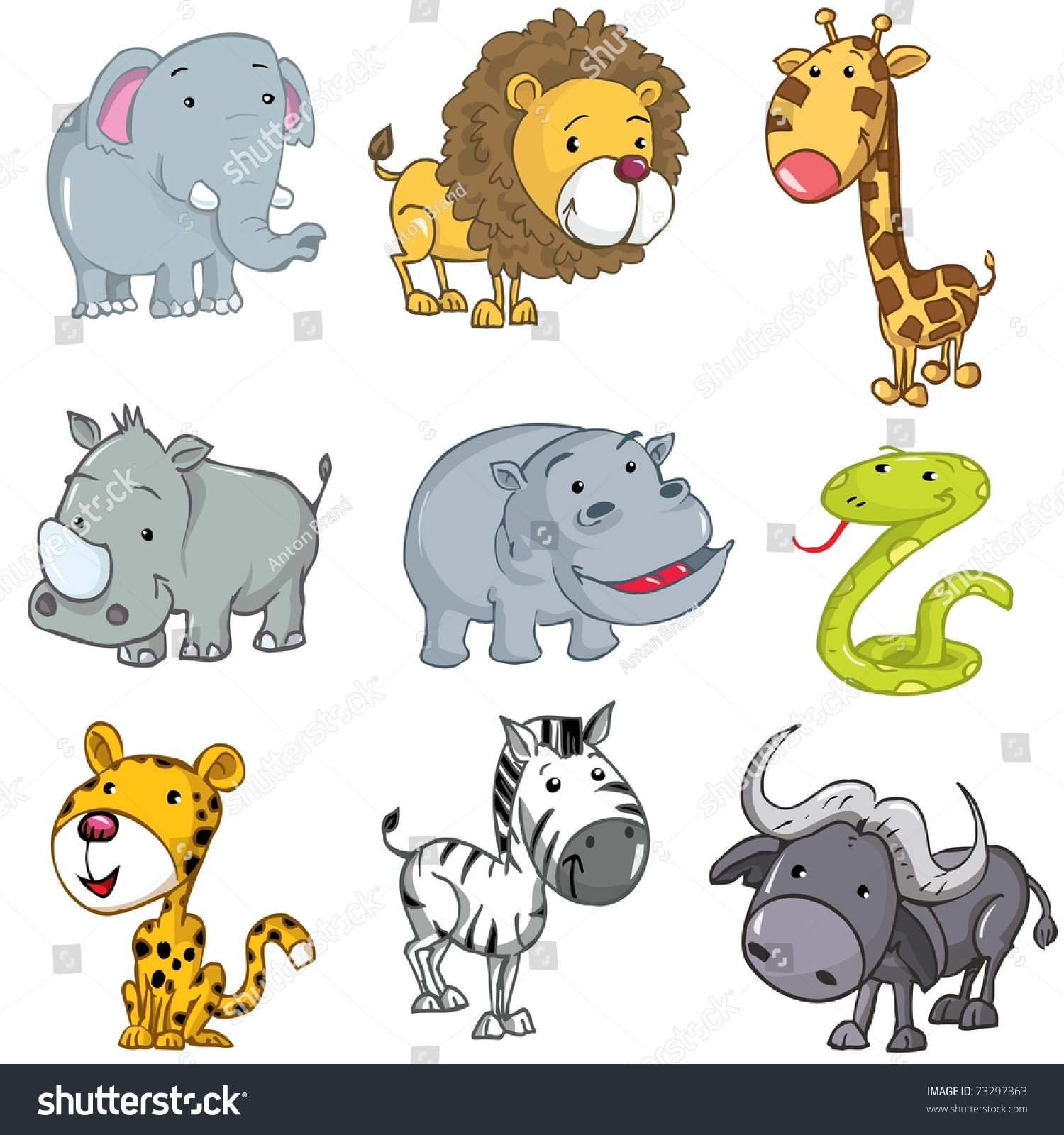 Set Cute Cartoon Animals Rhinoliongiraffeelephanthipposnakeleopardzebra ...