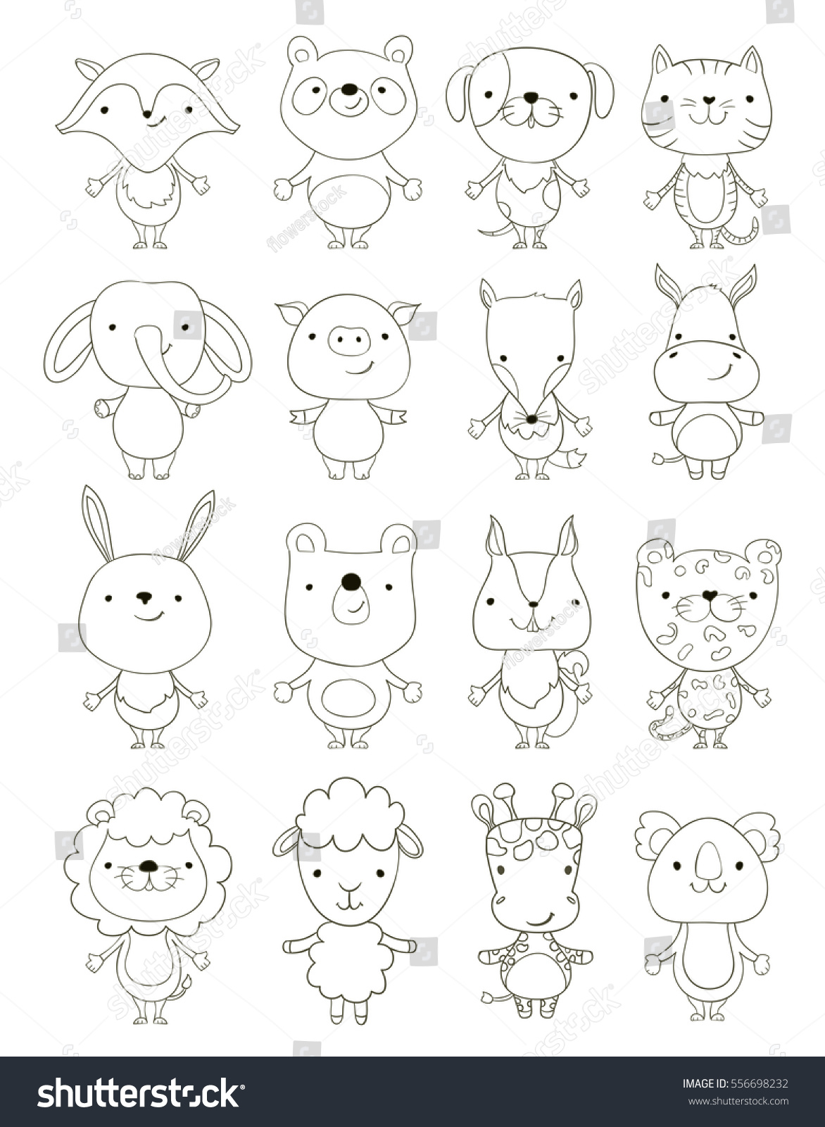 Set Cute Cartoon Animals Outlines Vector Stock Vector (Royalty Free