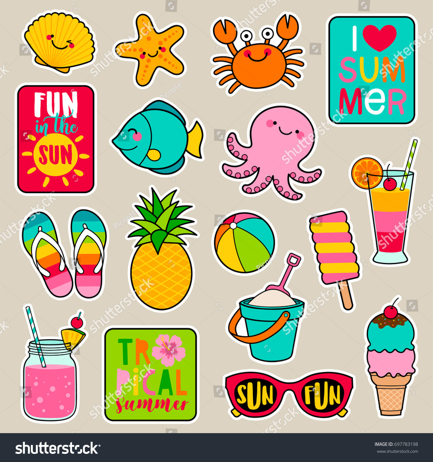 SVG of Set of cute cartoon badges, colorful fun stickers design, summer holidays concept elements.
 svg