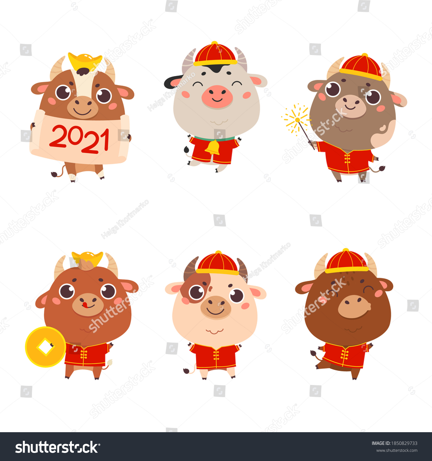 Set Cute Cartoon Bulls Cows Traditional Stock Vector (Royalty Free ...