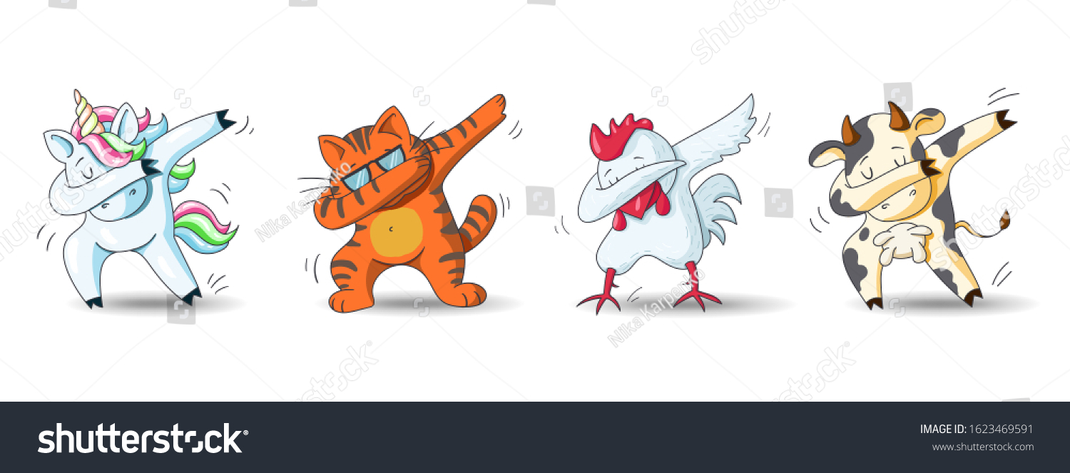 SVG of Set of cute cartoon characters in dub dance poses. Hand drawn unicorn, cat, chicken, cow doing dabbing. Vector Illustration for kids isolated on white background. svg