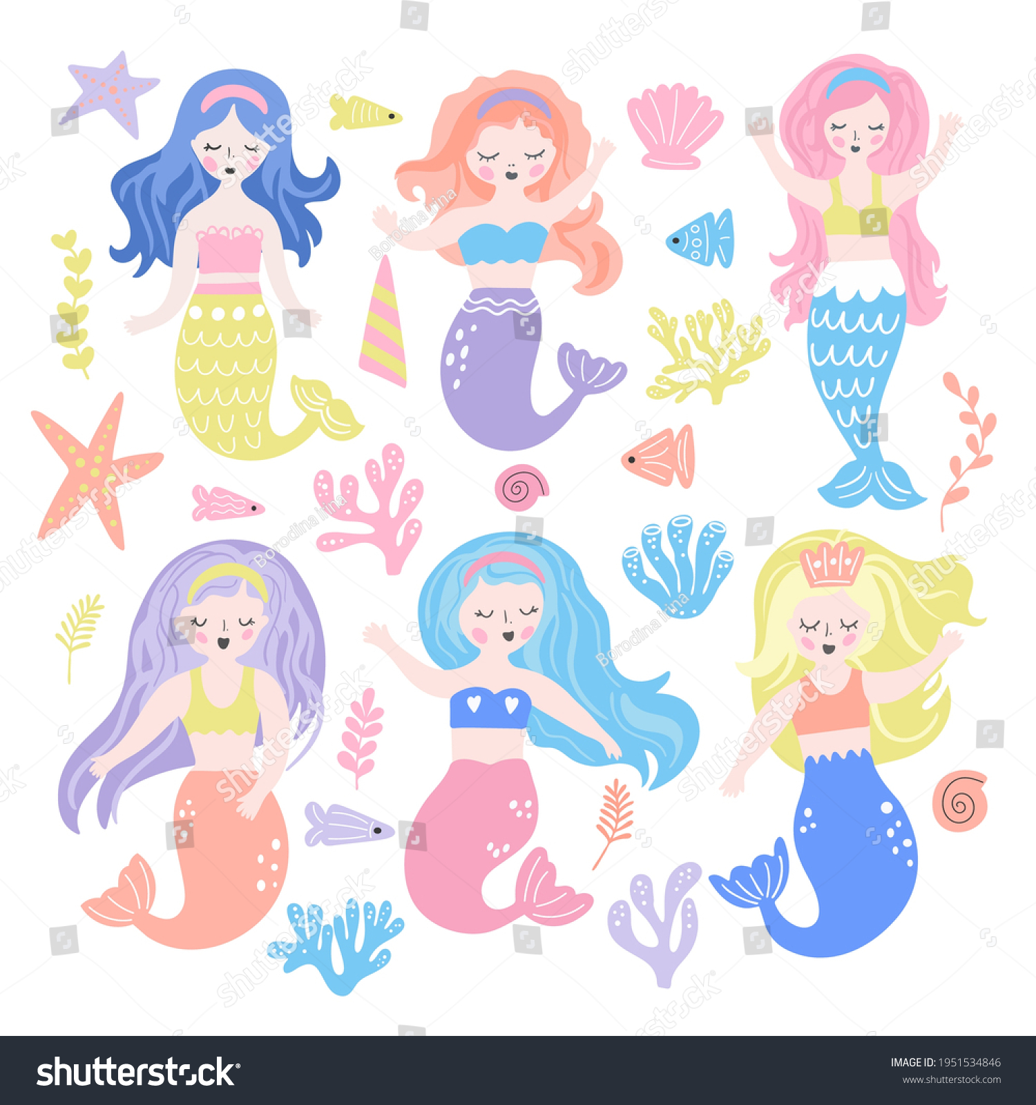 Set Cute Cartoon Mermaid Algae Marine Stock Vector (Royalty Free ...