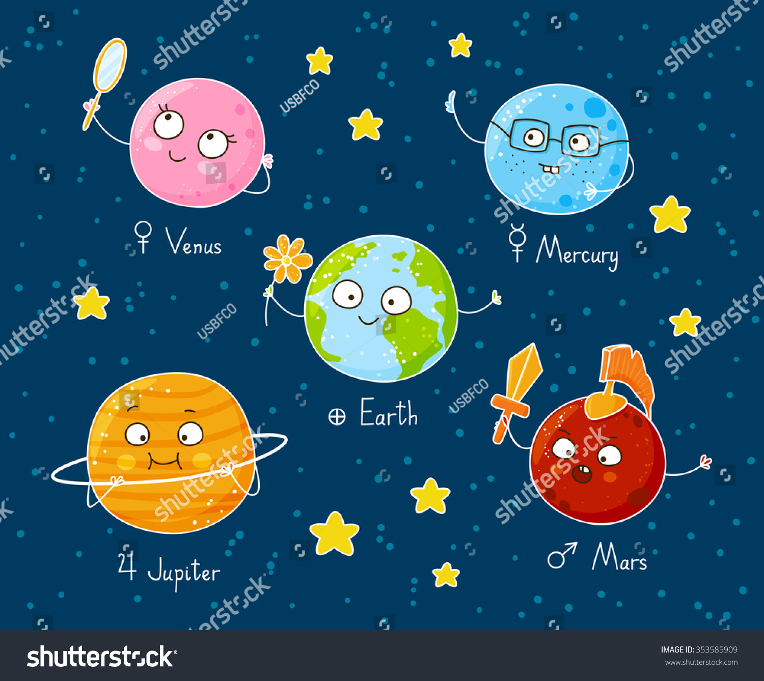 Set Of Cute Cartoon Planets Stock Vector Illustration 353585909 ...