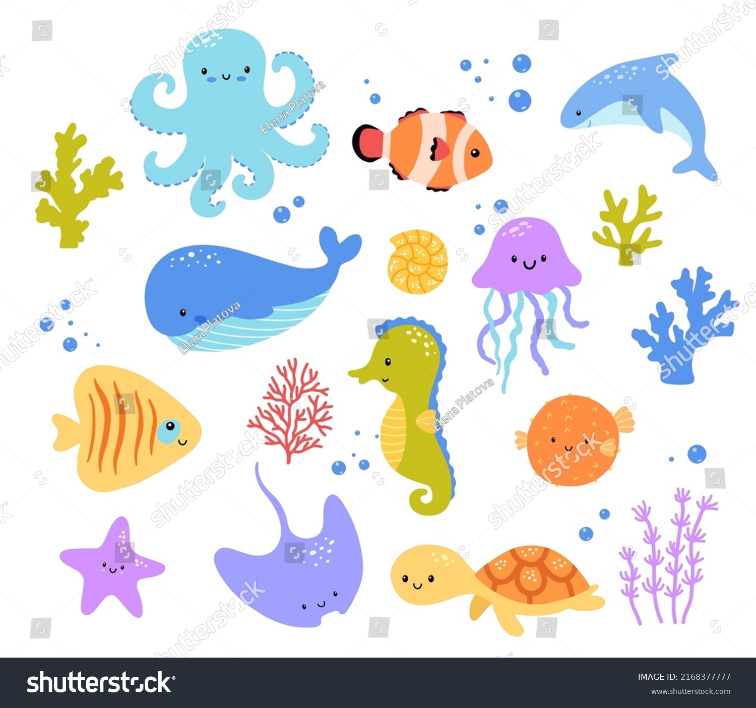 Set Cute Cartoon Sea Animals Isolated Stock Vector (Royalty Free ...