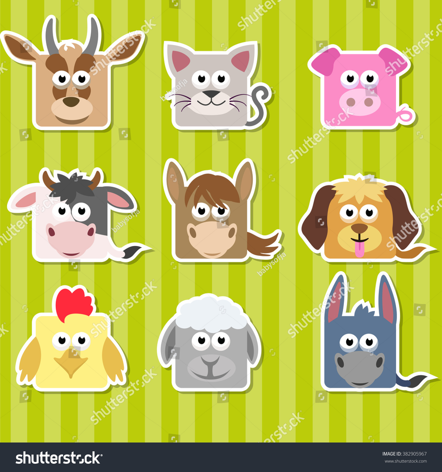 Set Of Cute Cartoon Square Home Animals Stickers Stock Vector