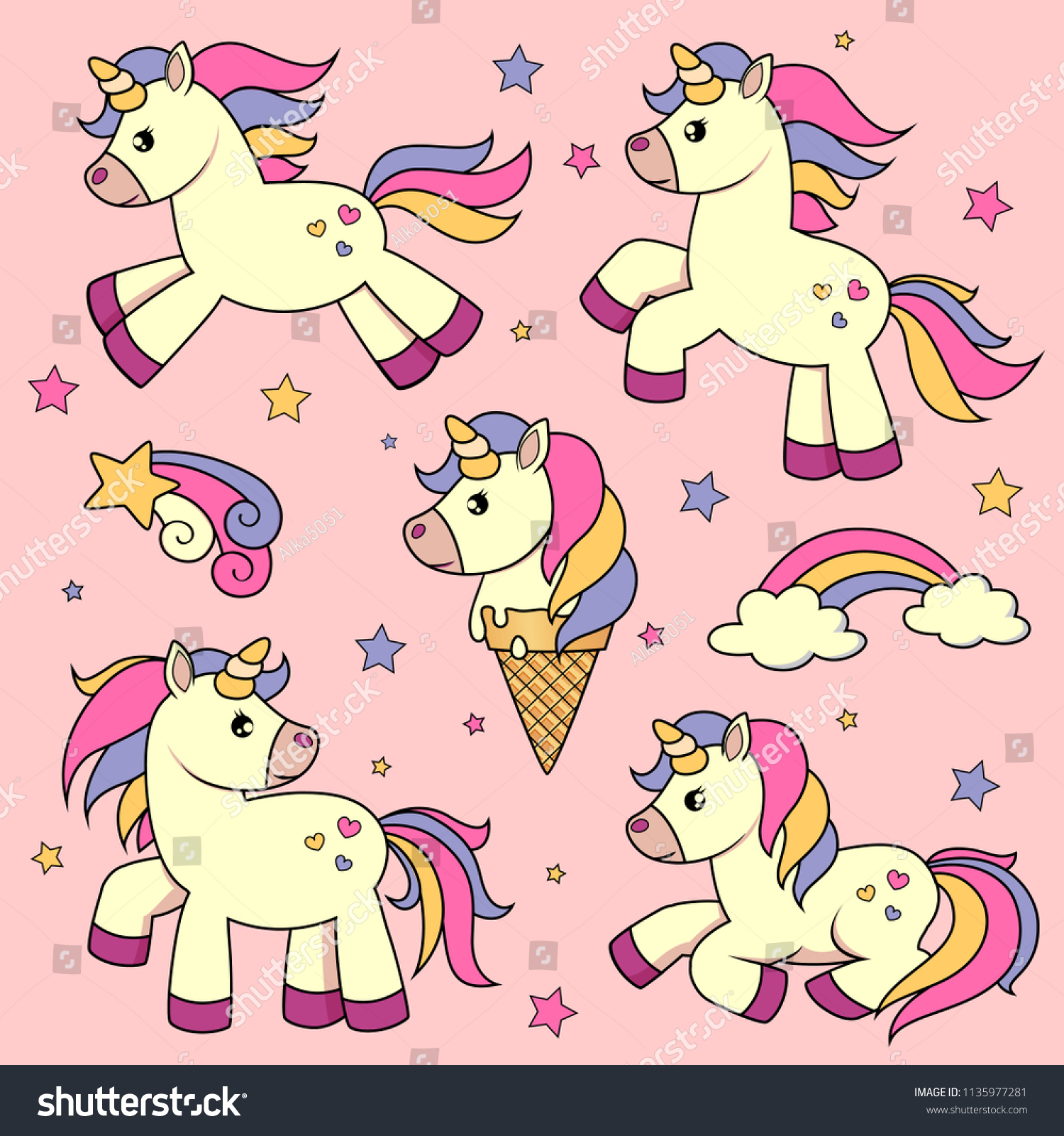 Set Cute Cartoon Unicorns Stock Vector Royalty Free 1135977281 8900