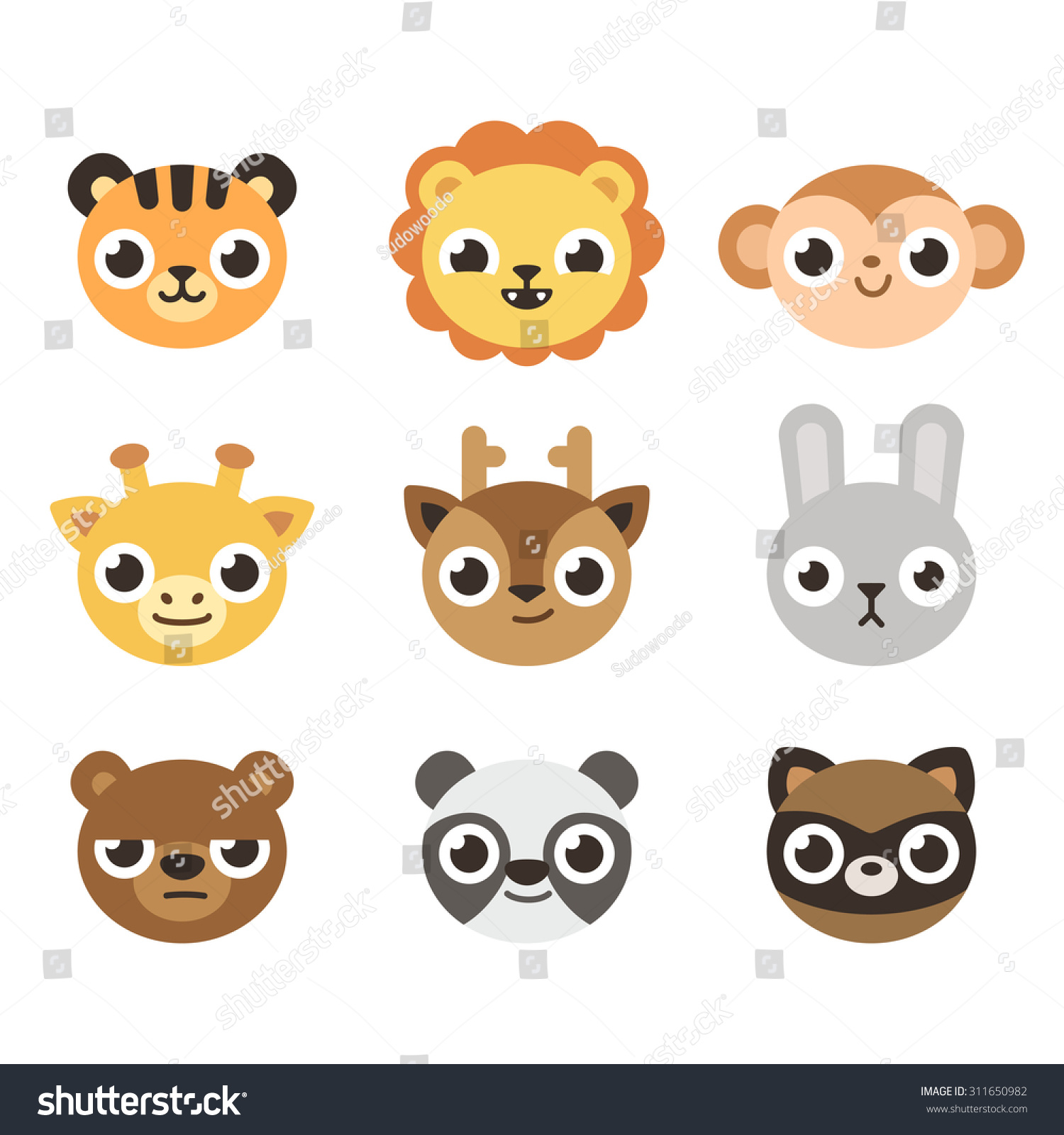 Set Of 9 Cute Cartoon Zoo Animal Heads With Different Expressions ...