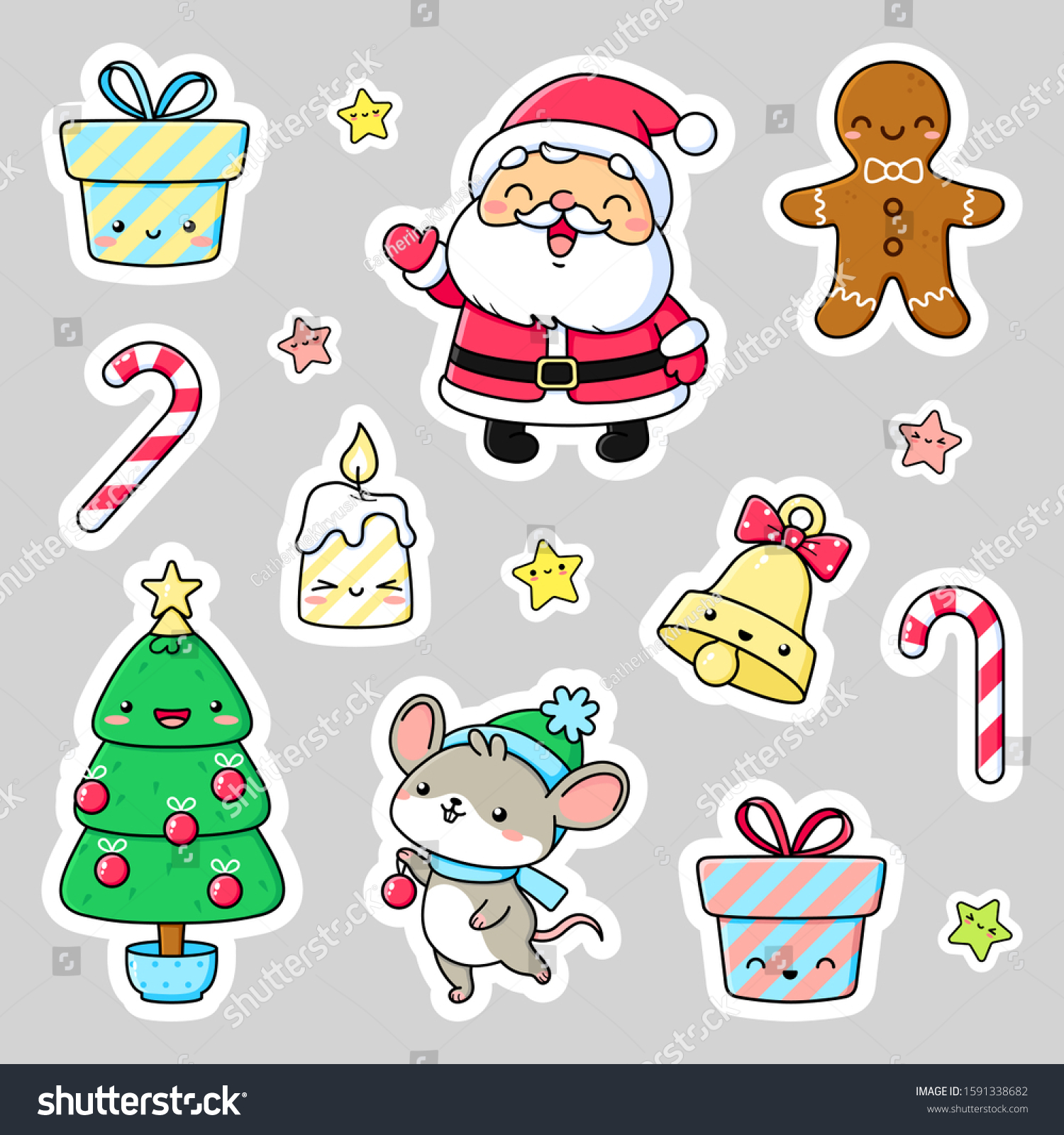 Set Cute Christmas Stickers Kawaii Vector: vector de stock (libre de regalías) 1591338682 