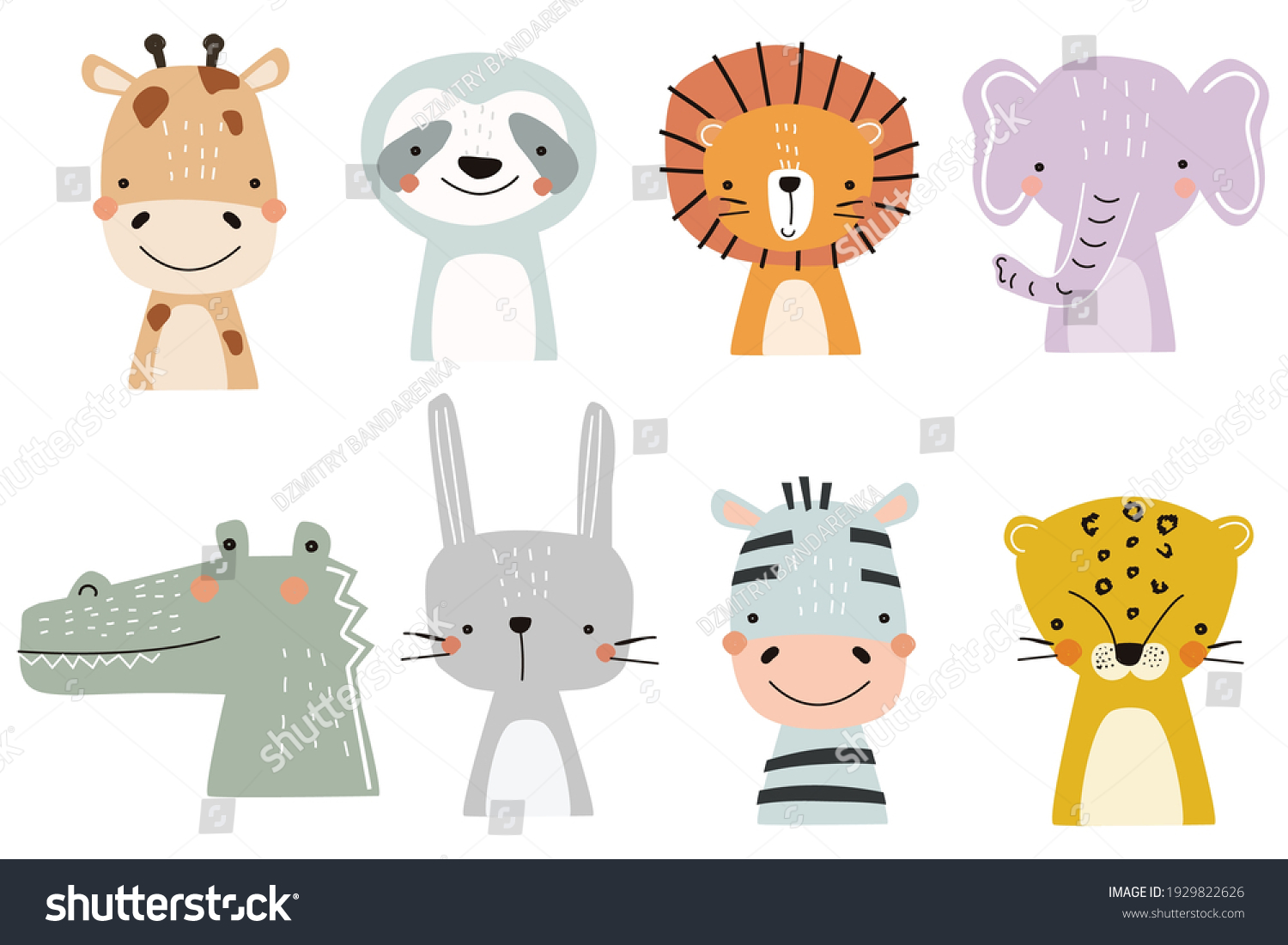 SVG of Set of cute designer animals on white background. Vector illustration for printing on fabric, postcard, wrapping paper, book, picture, Wallpaper. Cute baby background. svg