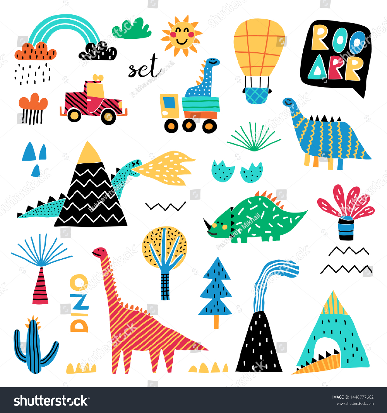 SVG of Set of cute dinosaur illustrations. Cute vector dino isolated on white background. Volcano, palm tree, mountain, sun, cars and clouds. Doodle set.  svg