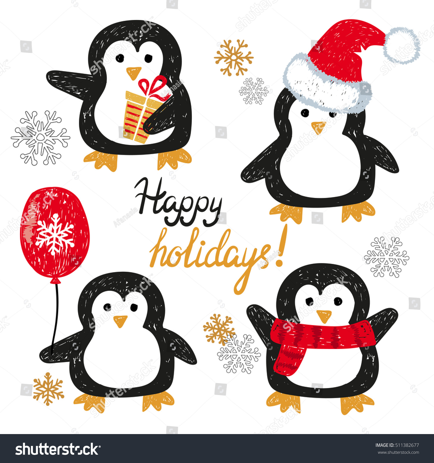Set of cute doodle penguins Merry Christmas greetings Vector holiday characters
