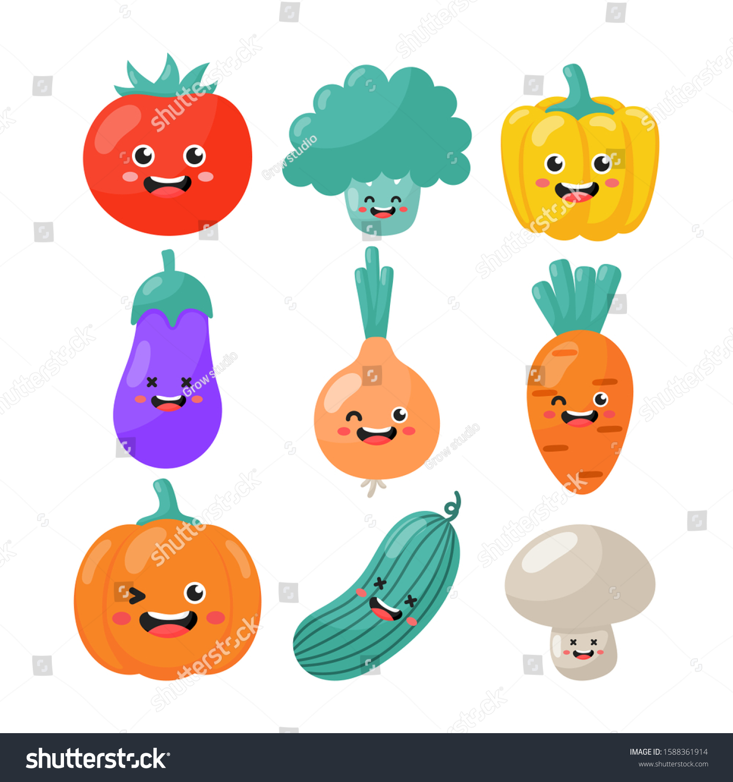 Vektor Stok Set Cute Funny Cartoon Vegetable Characters Tanpa Royalti Shutterstock