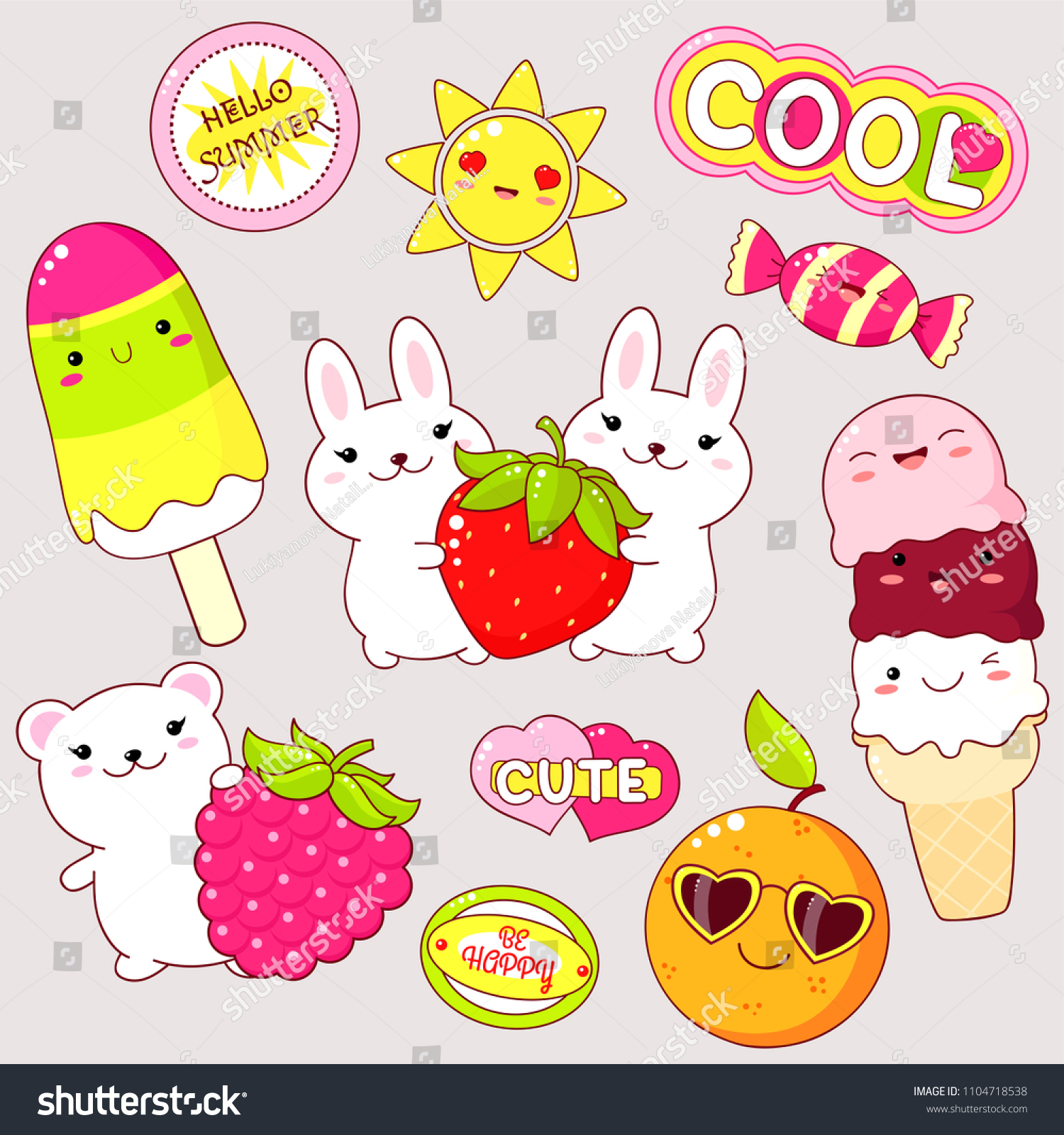 Set Cute Icons Kawaii Style Bunny Stock Vector (Royalty Free ...