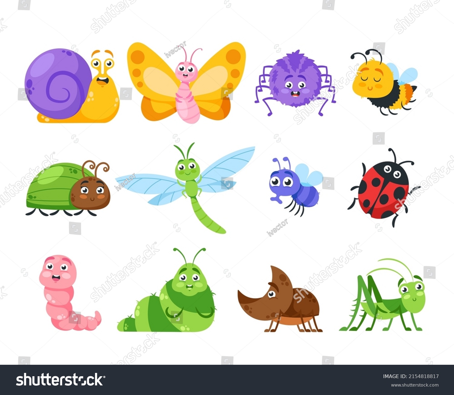 Set Cute Insects Cartoon Characters Isolated Stock Vector (Royalty Free ...