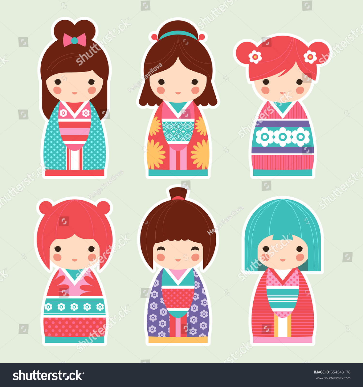 Set Cute Japanese Kokeshi Dolls Stock Vector 554543176 - Shutterstock