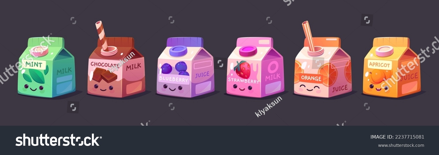 SVG of Set of cute kawaii milk and juice carton characters. Trendy vector illustration of colorful Japanese anime style boxes with chocolate, mint and strawberry milk, blueberry, orange and apricot juice svg