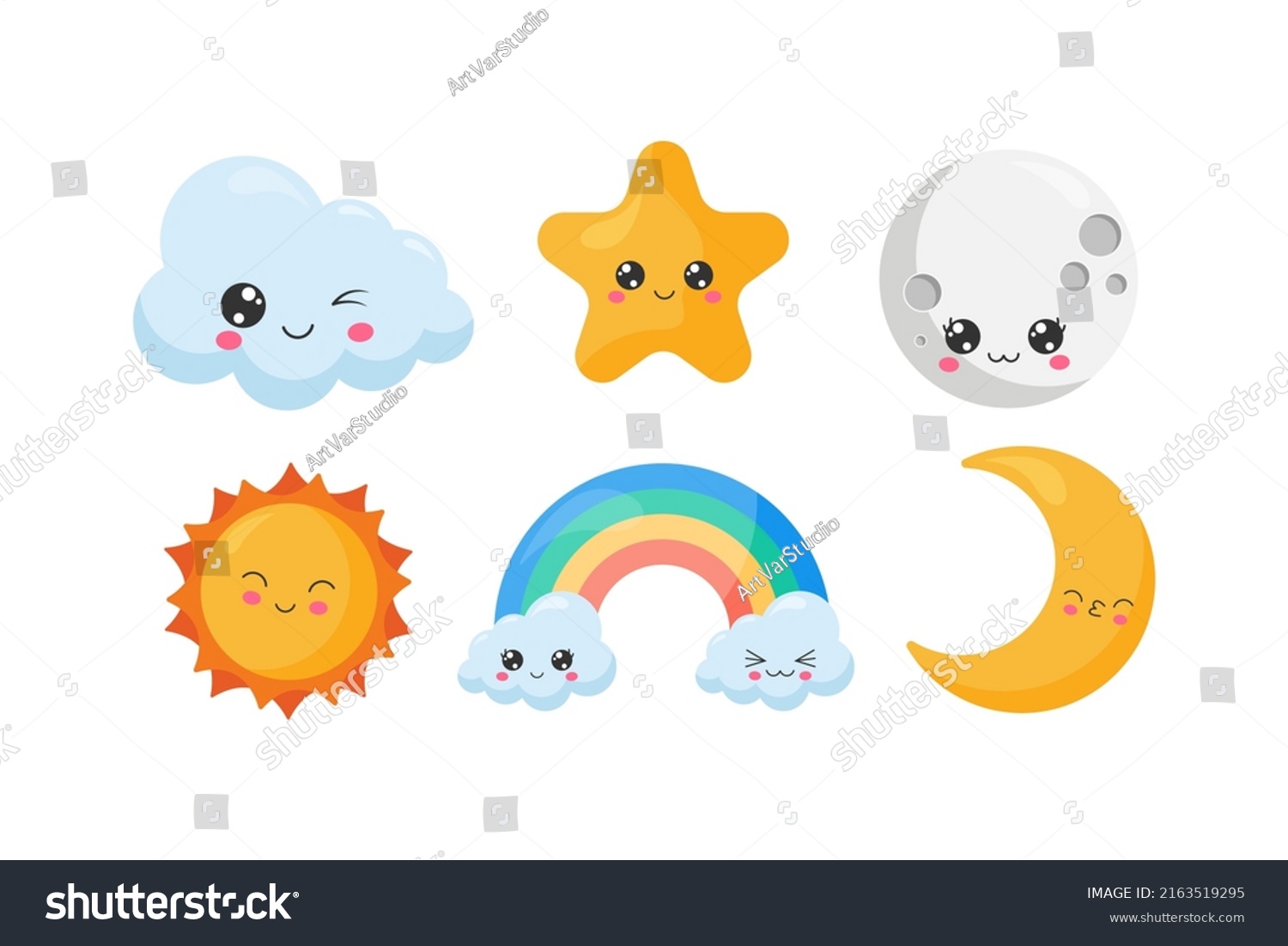 SVG of Set of Cute Kawaii Sky Objects. The set contains six cute objects such as cloud, rainbow, star, moon, and sun. Cute little illustration for kids, baby book, fairy tales, covers, baby shower invitation svg