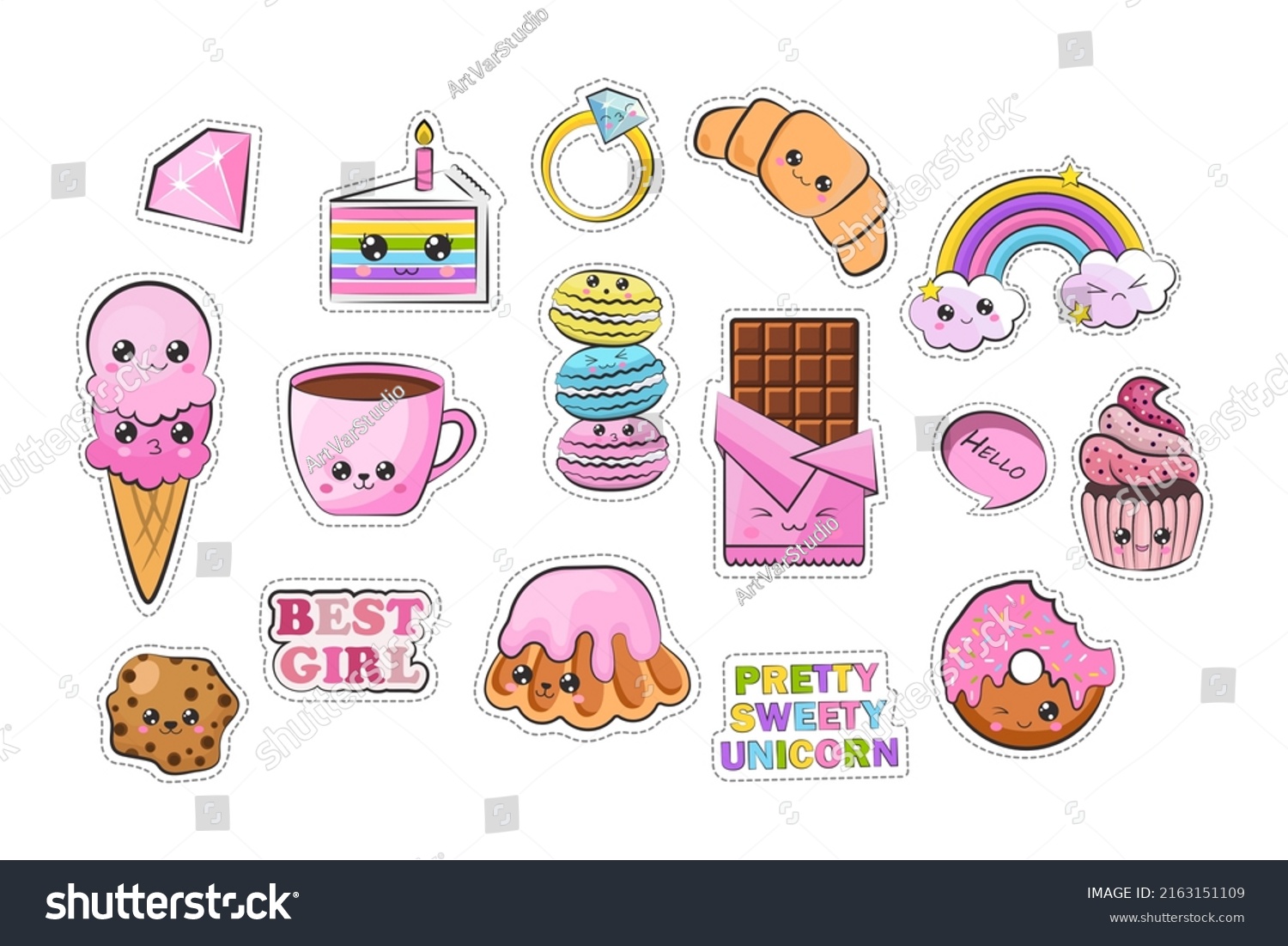 SVG of Set of Cute Kawaii Stickers Illustration. The collection consists of sixteen different kawaii elements. Vector illustration of a cute character. Cute little illustration for kids,  svg