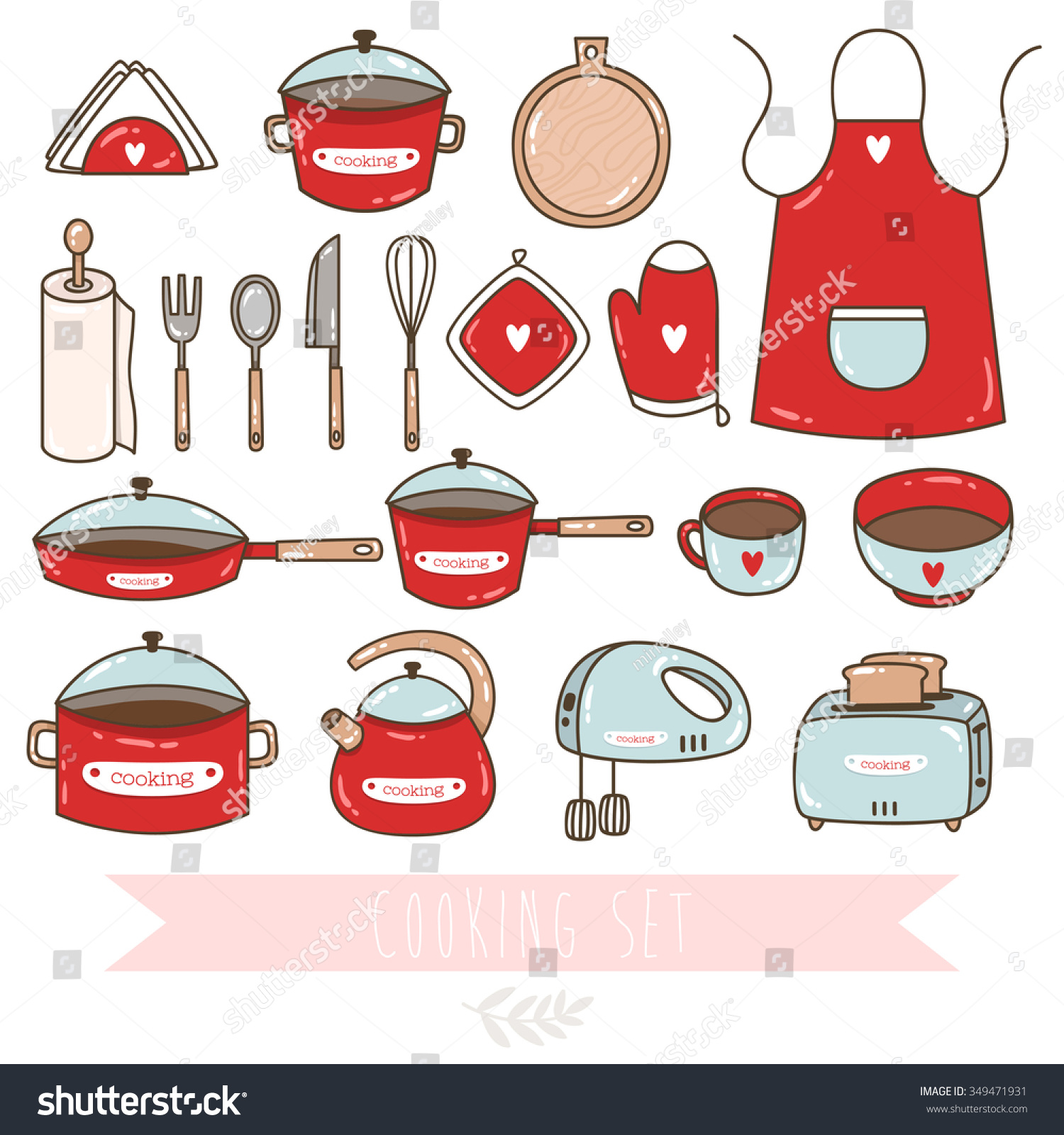 Set Cute Kitchen Utensil Collection Cookware Stock Vector 349471931   Stock Vector Set Of Cute Kitchen Utensil And Collection Of Cookware Icons Cooking Tools And Kitchenware 349471931 