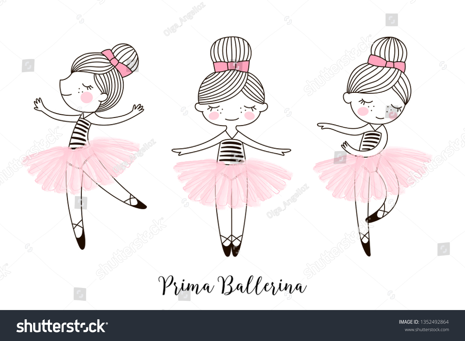 ピンクの透明バレエのスカートに小さくてかわいい踊る漫画のバレリーナ人形のキャラクターセット 白い背景に単純な線形ベクター画像イラスト 女の子っぽいデザイン Tシャツに最適 のベクター画像素材 ロイヤリティフリー