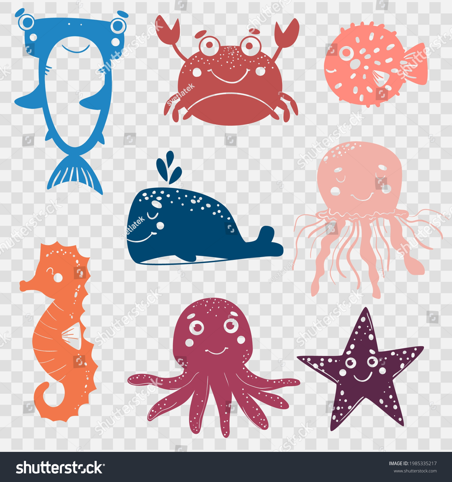 SVG of Set of cute marine animals for cutting with a plotter. Crab, shark, whale, fish ball, seahorse, octopus, and starfish on transparent background. laser cutting file svg
