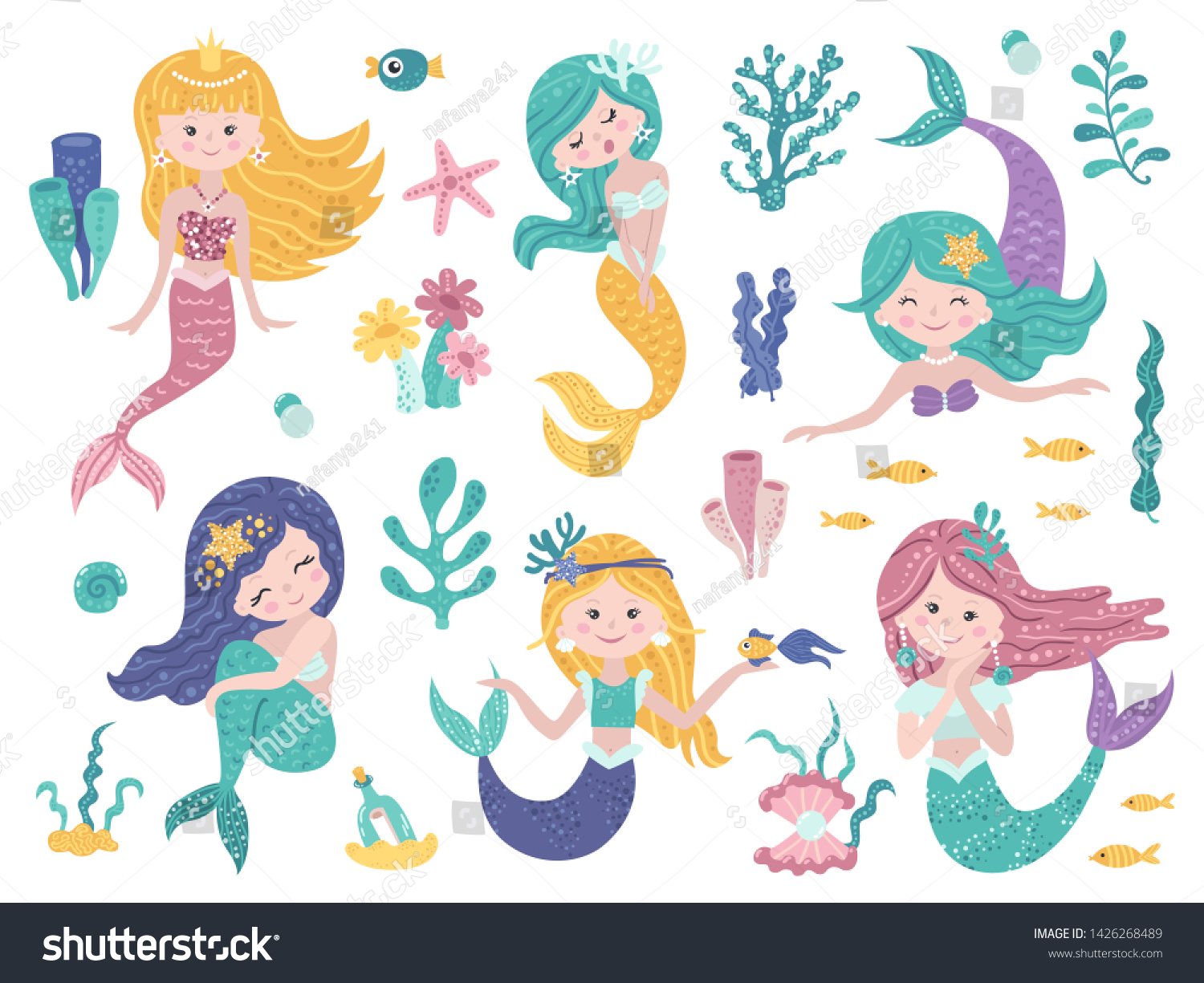 Set Cute Mermaids Sea Nature Stock Vector (Royalty Free) 1426268489 ...