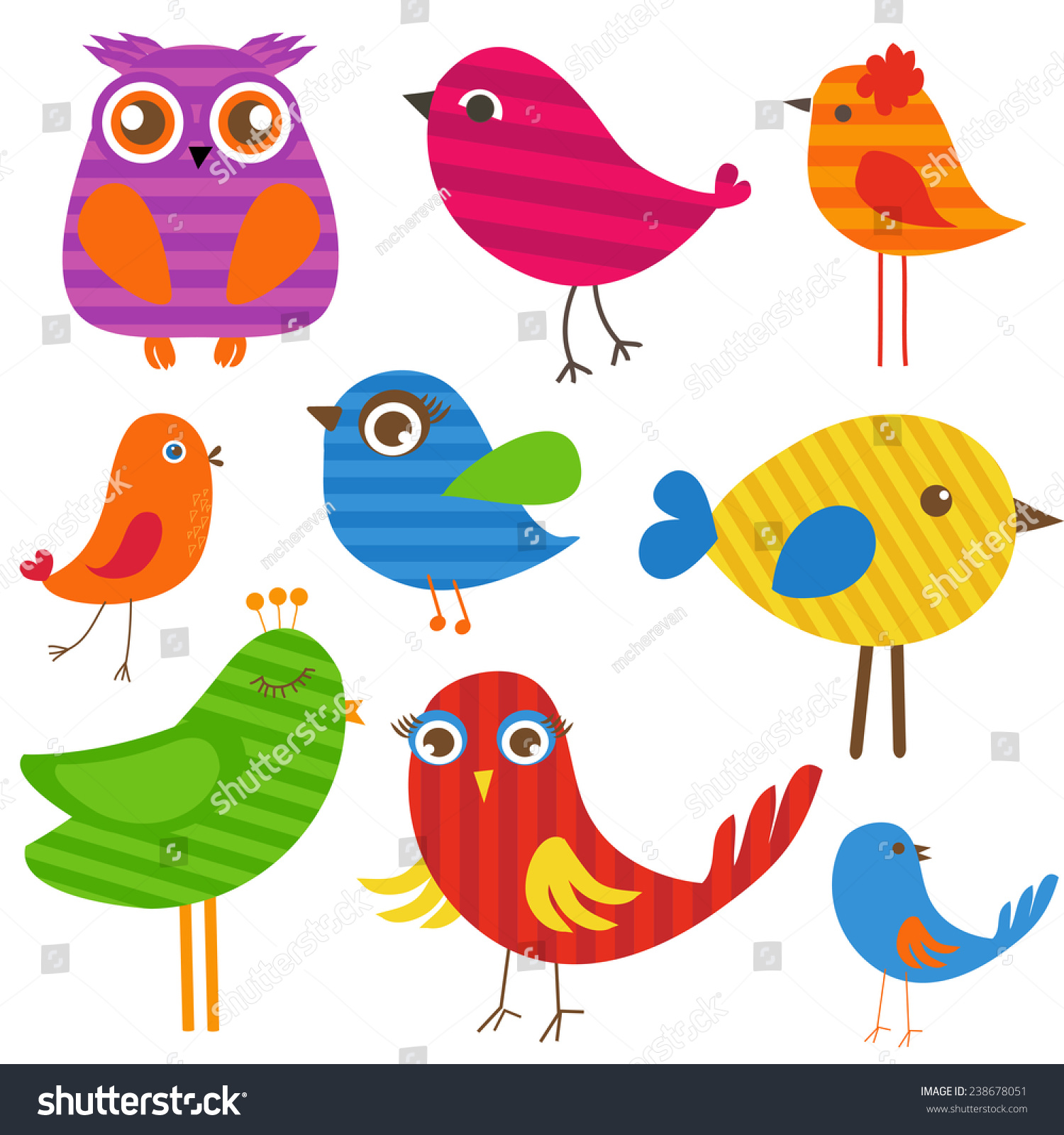 Set Of Cute Multicolored Striped Birds. Owl, Sparrow, Parrot, Dove And ...