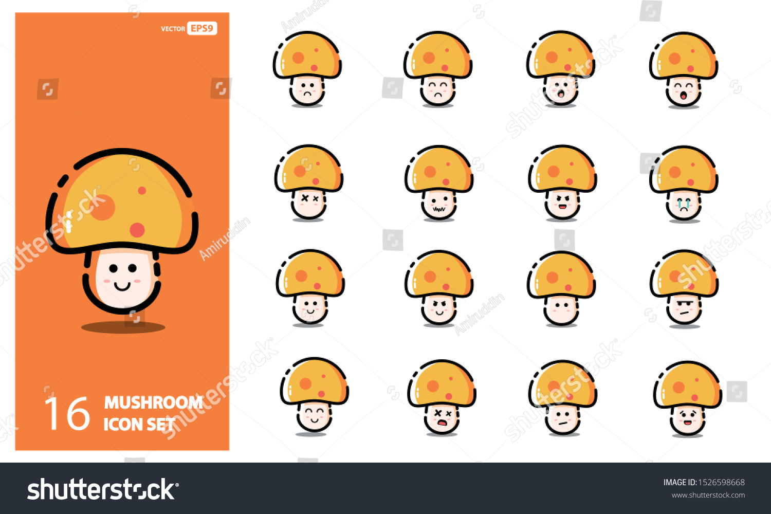 Set Cute Mushroom Emoji Line Icons: Vector De Stock (libre De Regalías ...