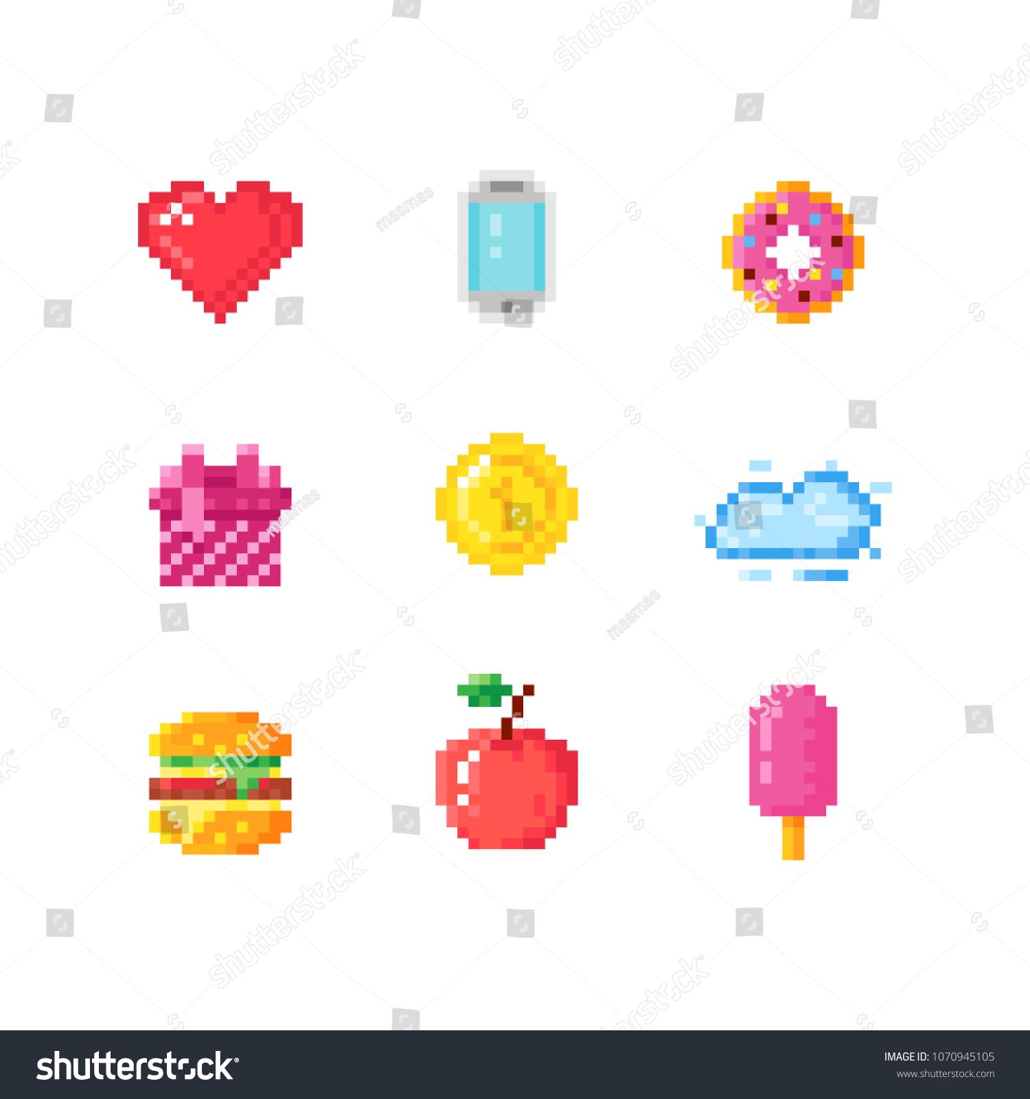 set cute pixel art icons 8bit stock vector royalty free 1070945105 https www shutterstock com image vector set cute pixel art icons 8bit 1070945105