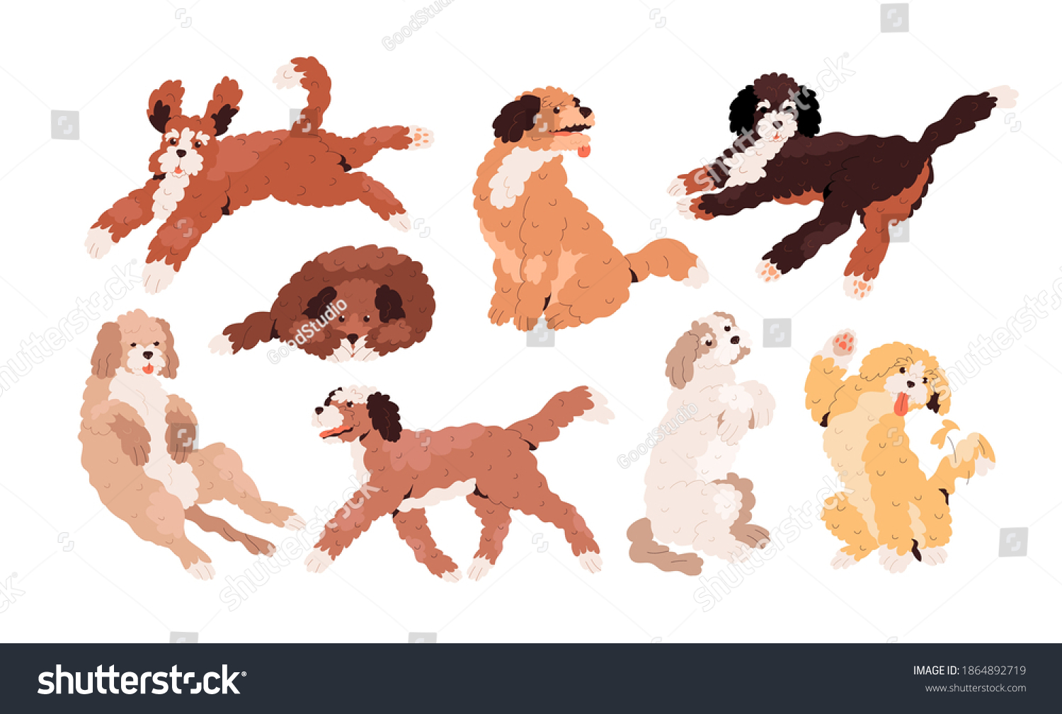 SVG of Set of cute playful Goldendoodles and Labradoodles. Golden, tan and white curly-haired dogs running, jumping, sitting and waving with paw. Colored flat vector illustration isolated on white background svg