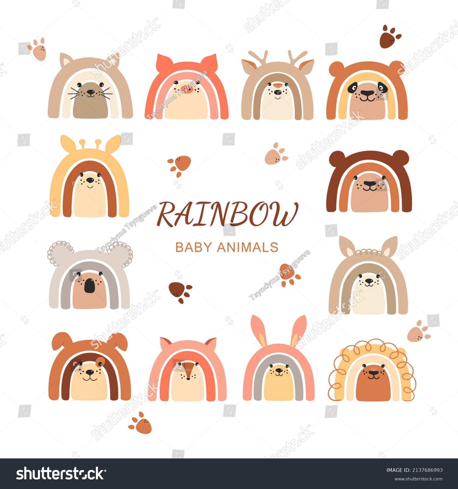SVG of Set of cute rainbow baby animlas illustrations. Kids graphics in Scandinavian style. Rainbow, panda, bear, koala, bunny, llama, kitten, fox, lion. Posters, greeting cards, invitations, clothing. svg