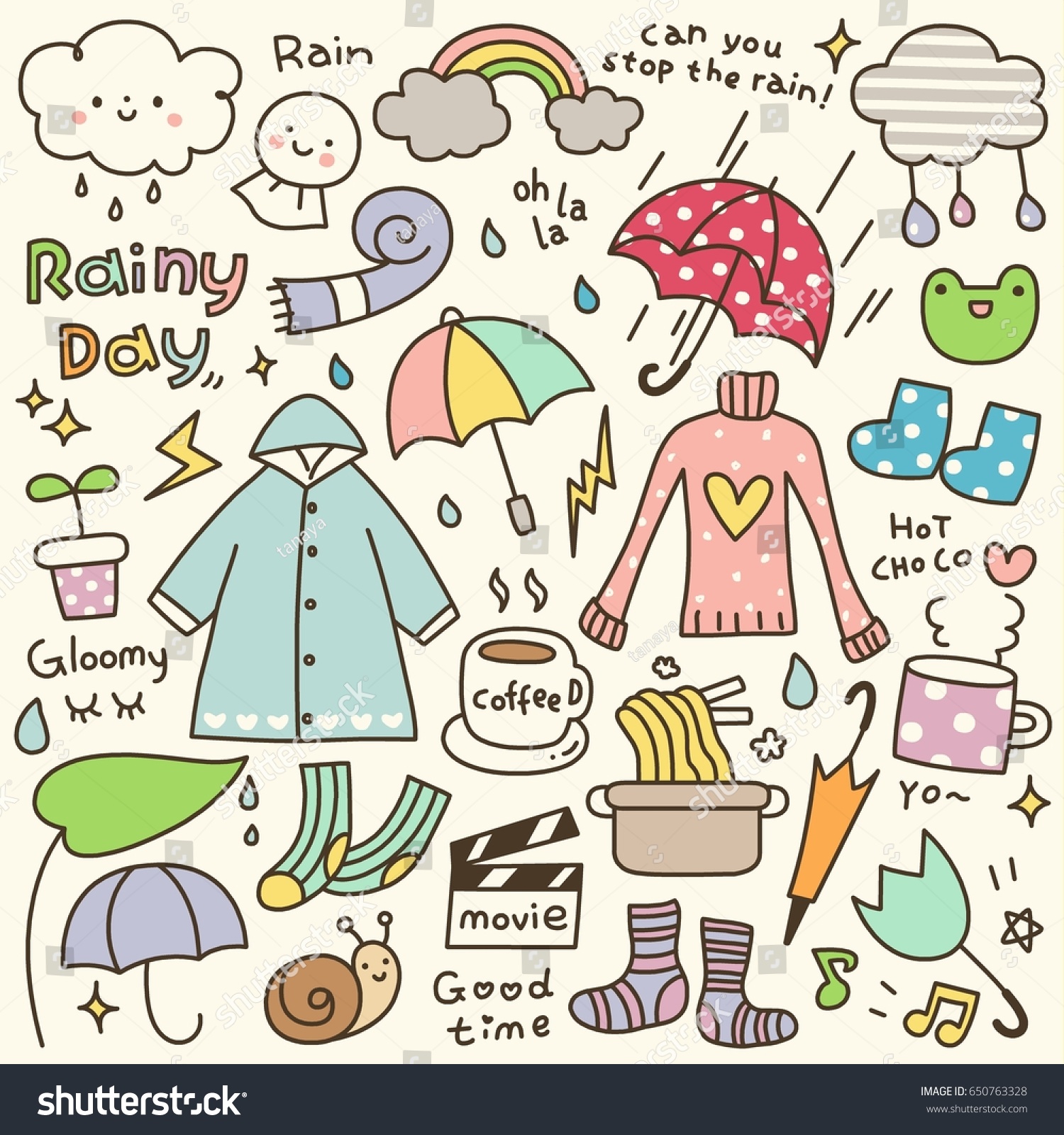 Set Cute Rainy Day Doodle Stock Vector Royalty Free 650763328