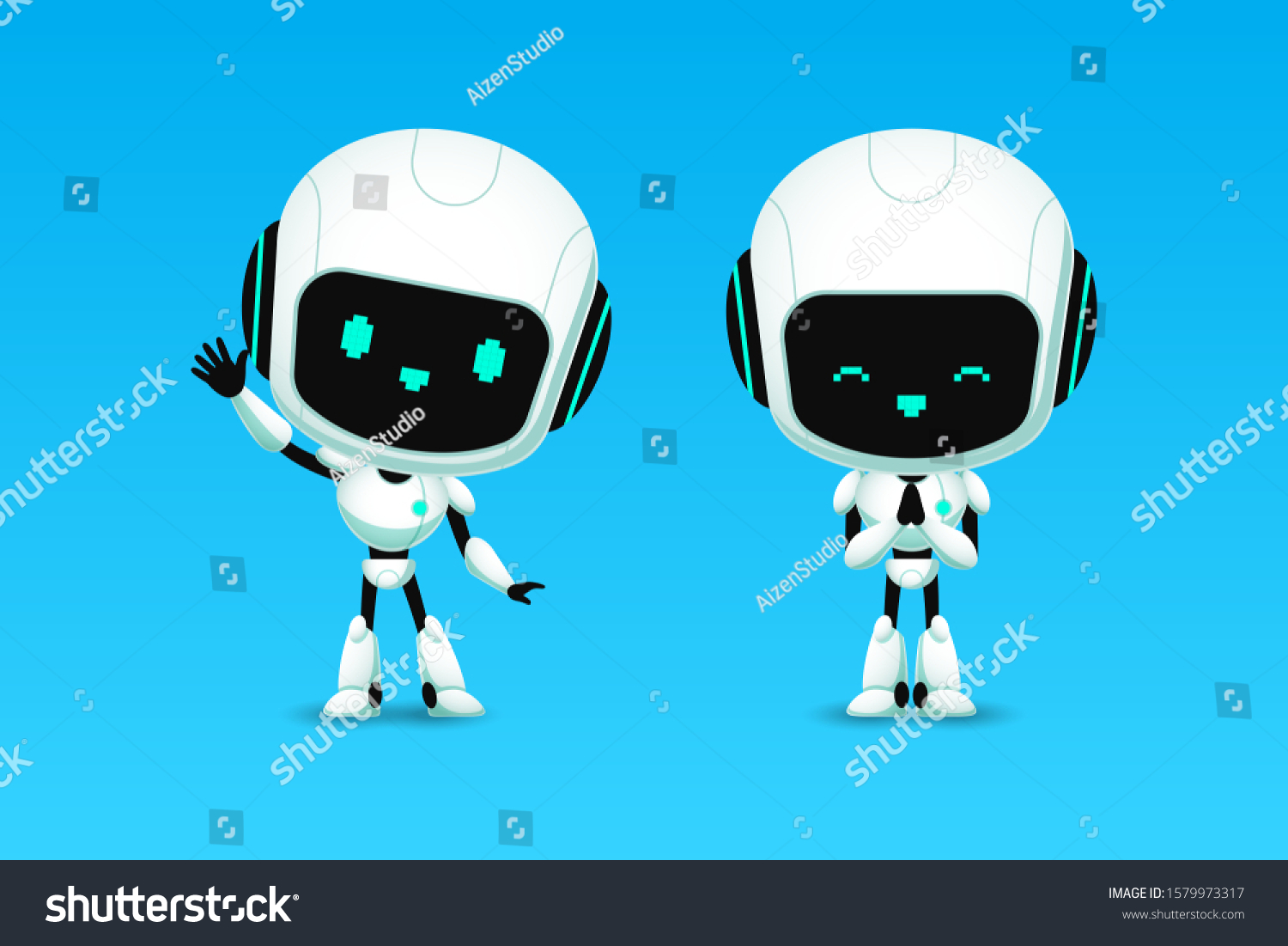 かわいいロボットaiキャラクター 挨拶とメモアクション かわいいマスコット未来のコンセプトの漫画 分離型ベクターイラスト のベクター画像素材 ロイヤリティフリー