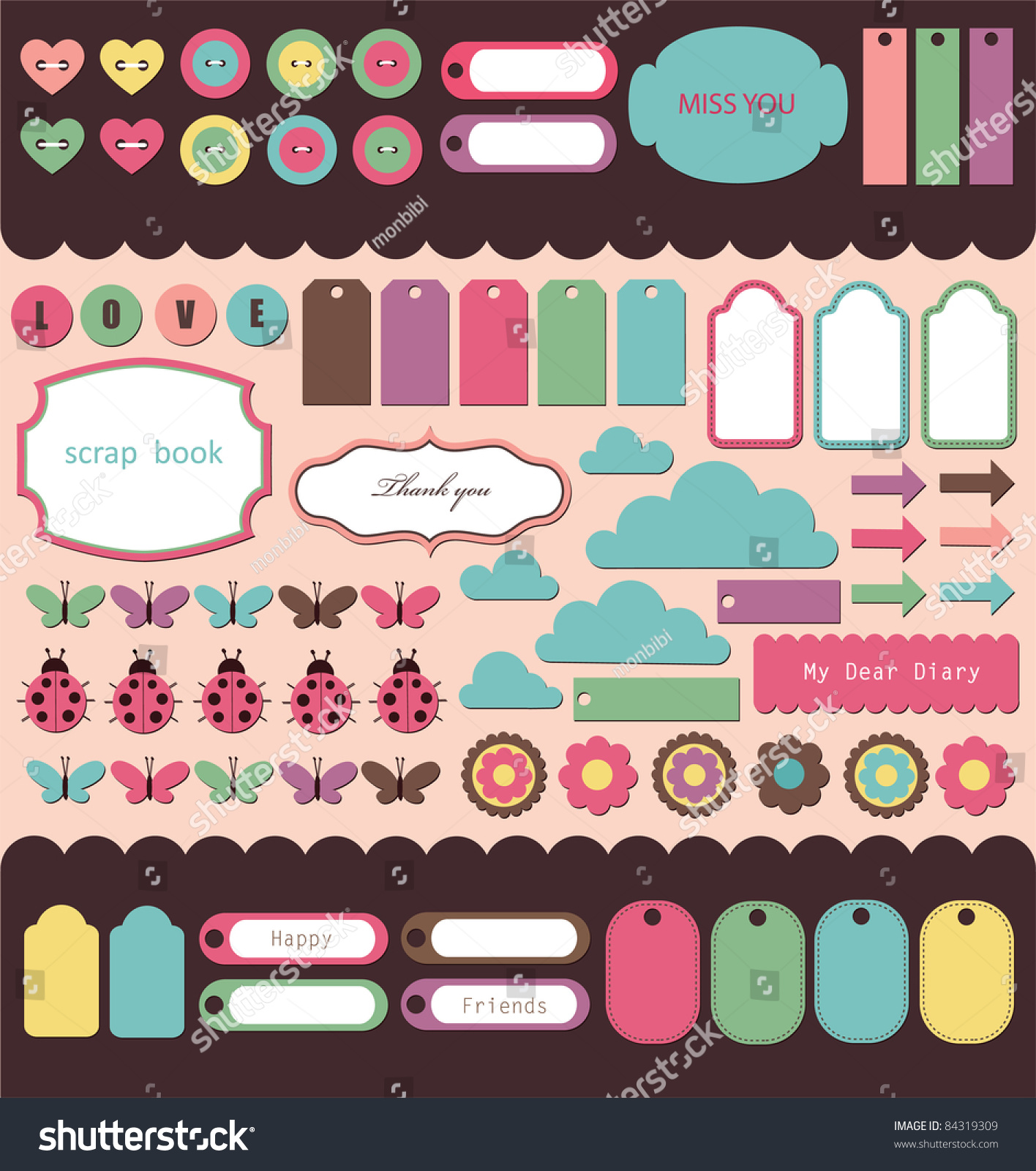 Set Cute Scrapbook Elements Vector Illustration Stock Vector (Royalty ...