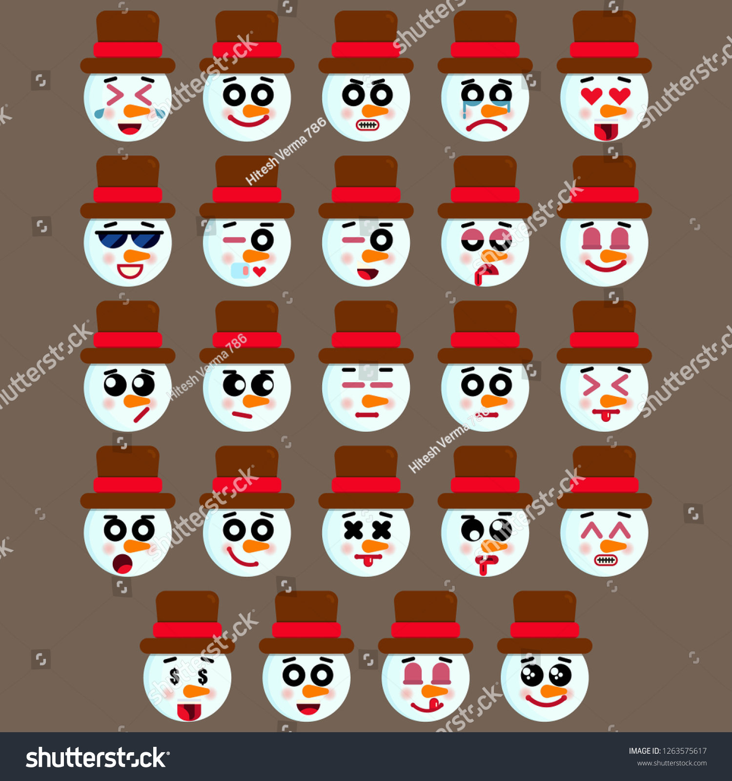 かわいい雪だるまの絵文字のセット さまざまな表情のアイコン スノーマンの顔にさまざまな表情を持つ絵文字 ベクターイラスト クリスマス絵文字コレクション のベクター画像素材 ロイヤリティフリー