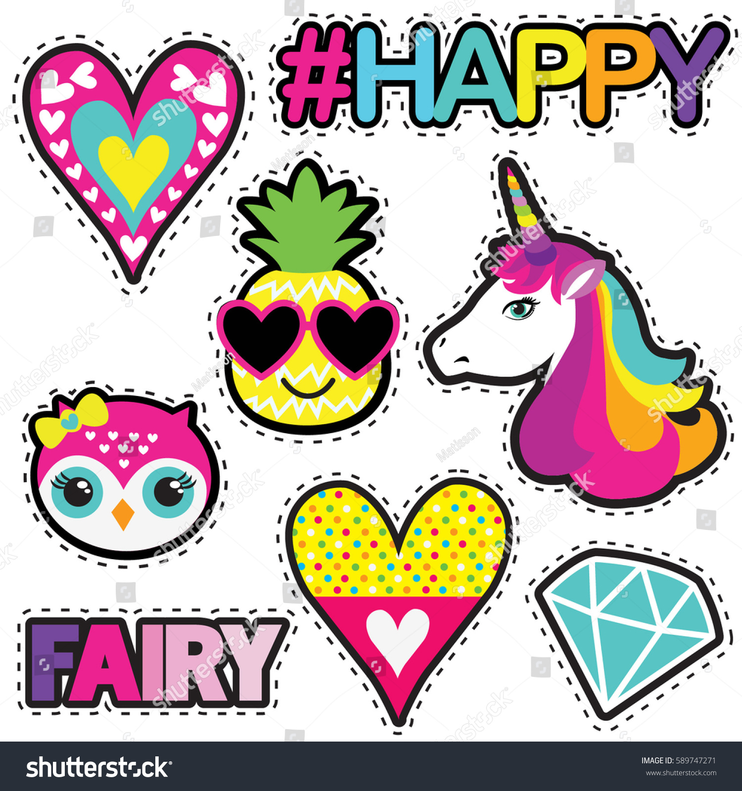 Set Cute Stickers Heartspineapple Owl Unicorn Stock Vector 589747271 ...