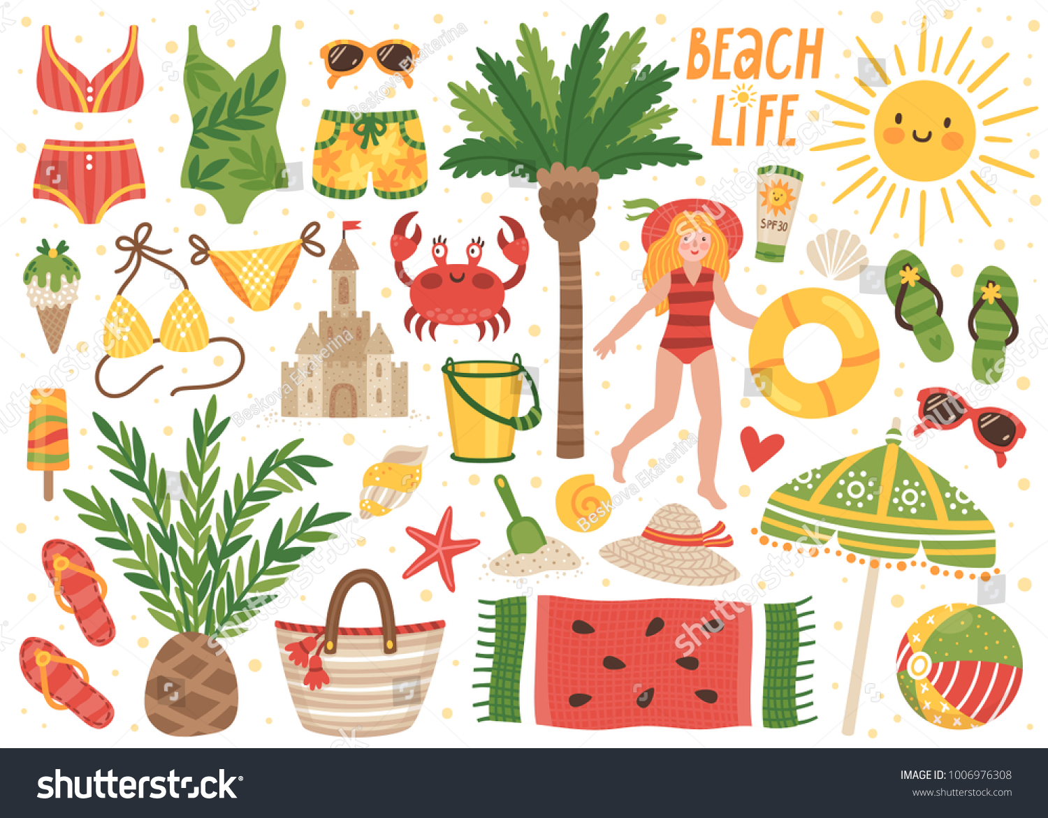 SVG of Set of cute summer icons: bikini, flip flops, beach umbrella, towel, ball, sand castle, palms, girl with life buoy, sun. Bright summertime poster. Collection of scrapbooking elements for beach party. svg