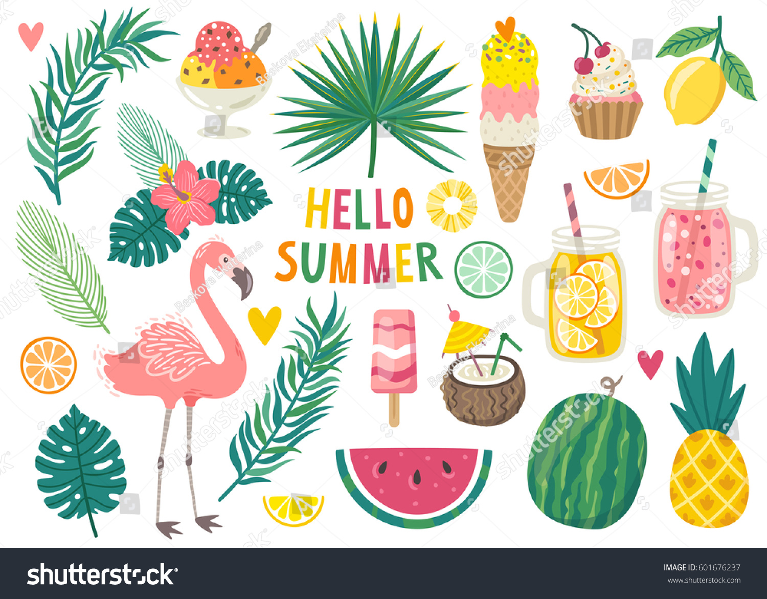 SVG of Set of cute summer icons: food, drinks, palm leaves, fruits and flamingo. Bright summertime poster. Collection of scrapbooking elements for beach party. svg