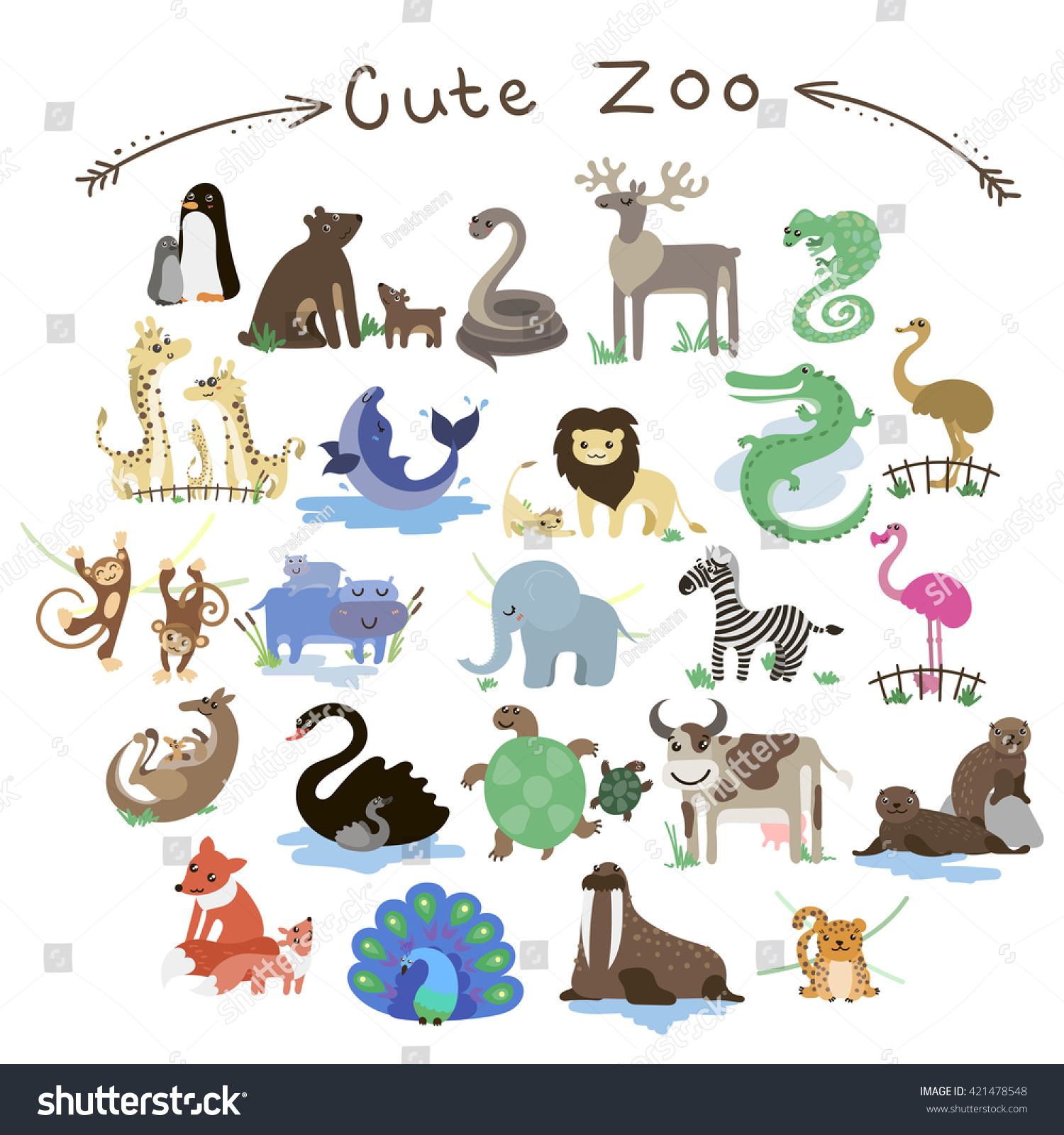 Set Cute Vector Zoo Animals Different Stock Vector 421478548 - Shutterstock