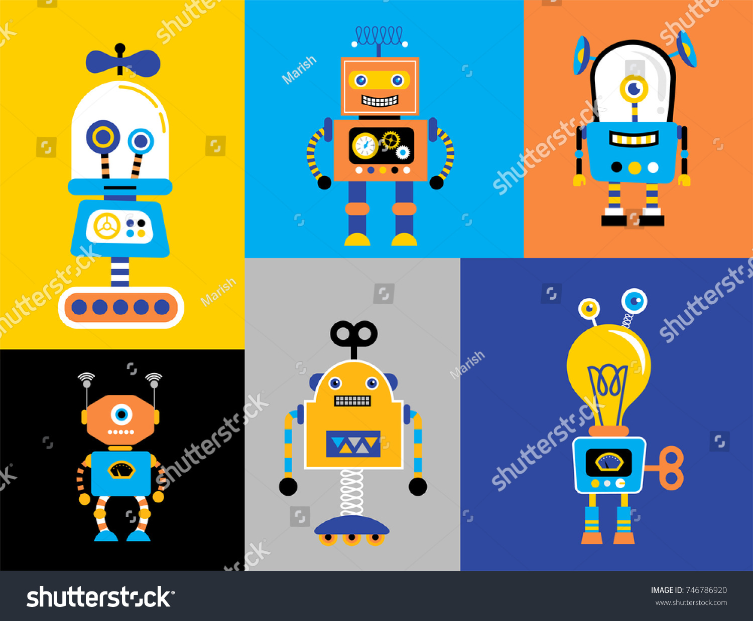 Set Cute Vintage Robots Banner Robot Stock Vector (Royalty Free) 746786920