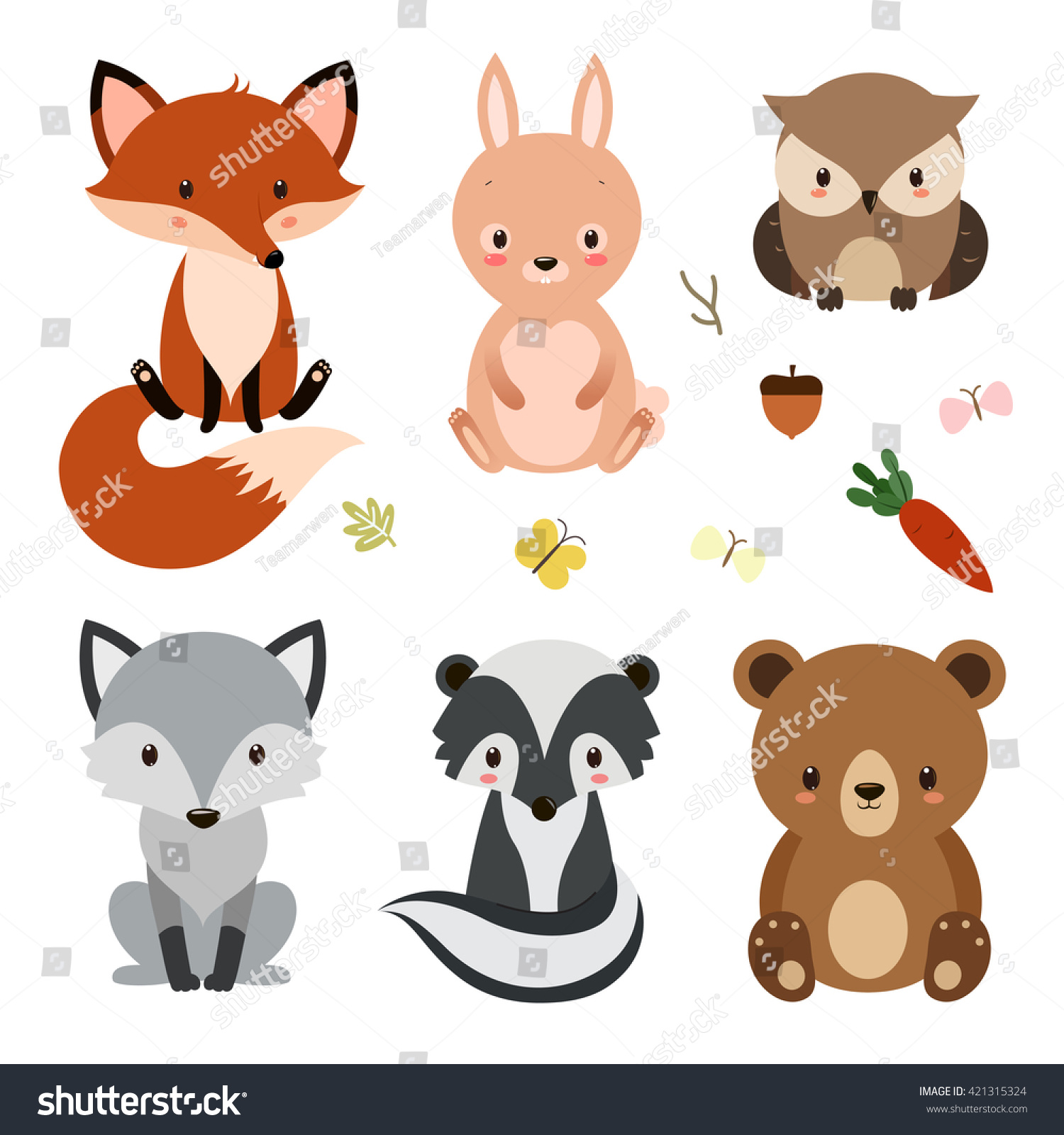 Set Cute Woodland Animals Isolated On Stock Vector (Royalty Free ...