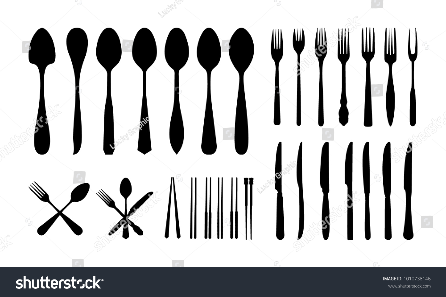 カトラリーアイコンシルエット スプーンフォークナイフ および箸シルエットベクターイラストのセット のベクター画像素材 ロイヤリティフリー