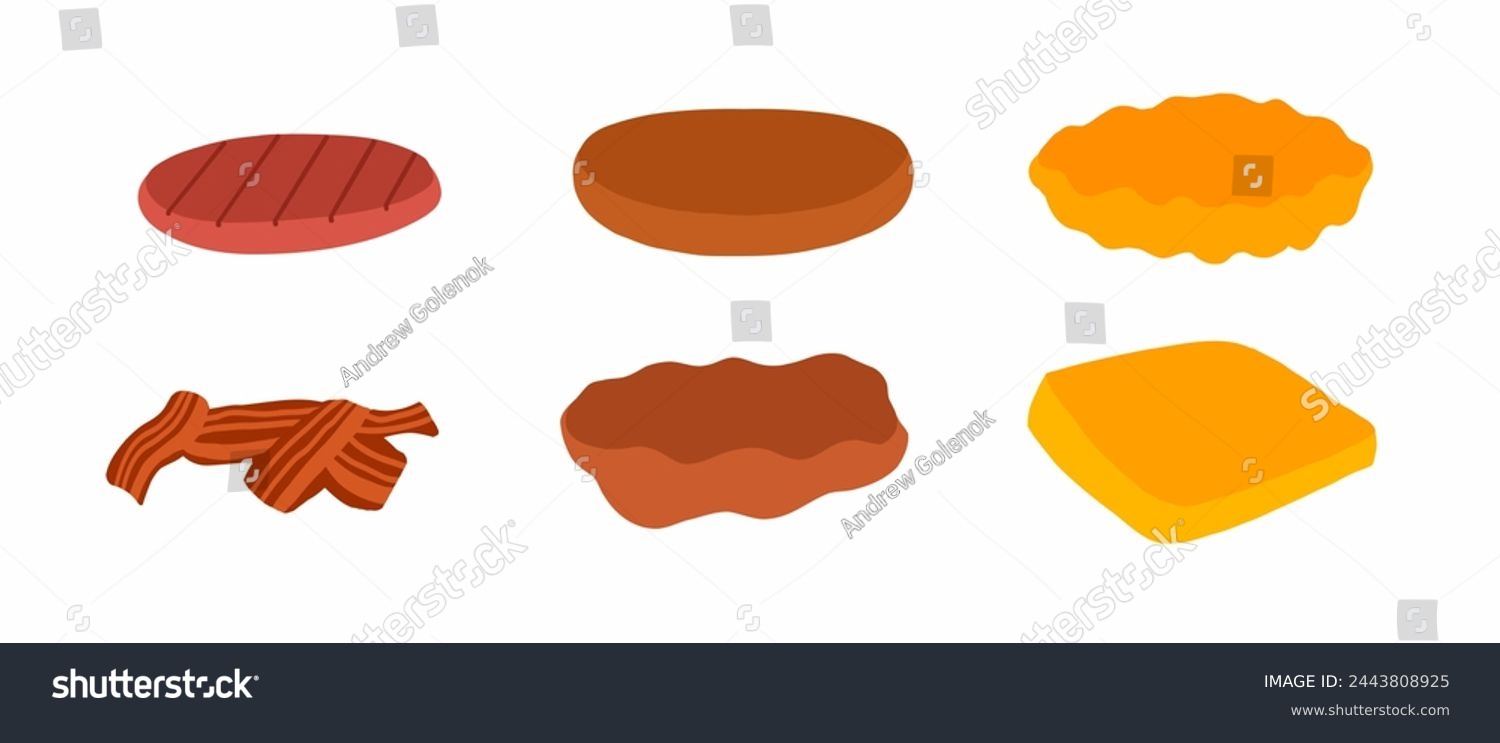 SVG of Set of cutlets for burger and sandwich in hand drawn cartoon flat style. Beef, pork, chicken, fish and bacon cutlets. Vector illustration isolated on white background. svg