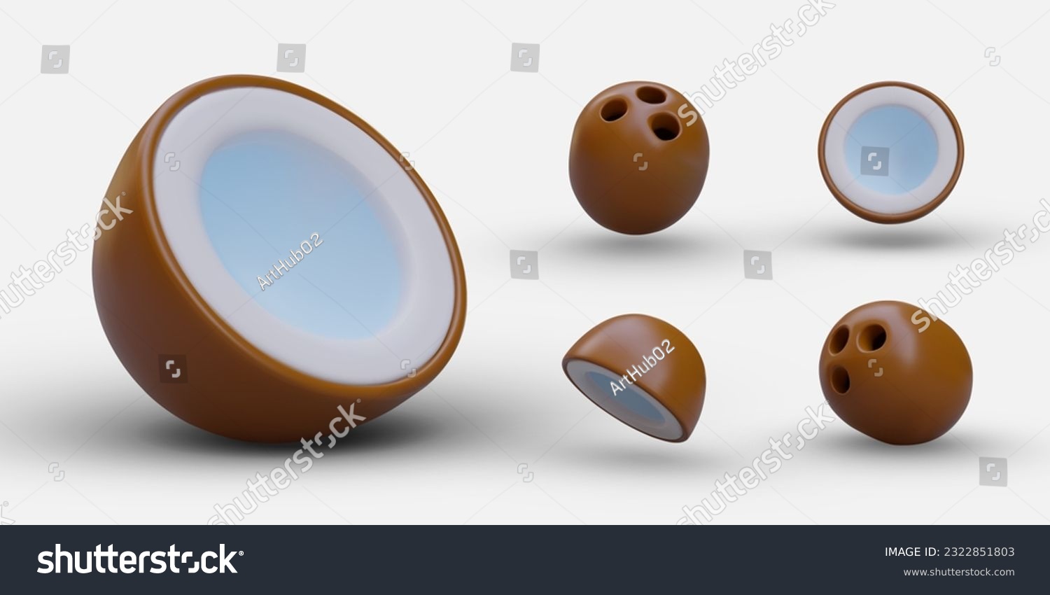 SVG of Set of 3D coconuts in cartoon style. Whole and half ripe coconuts. Brown tropical nuts, white center. Isolated vector images for cooking sites, apps with diet recipes svg