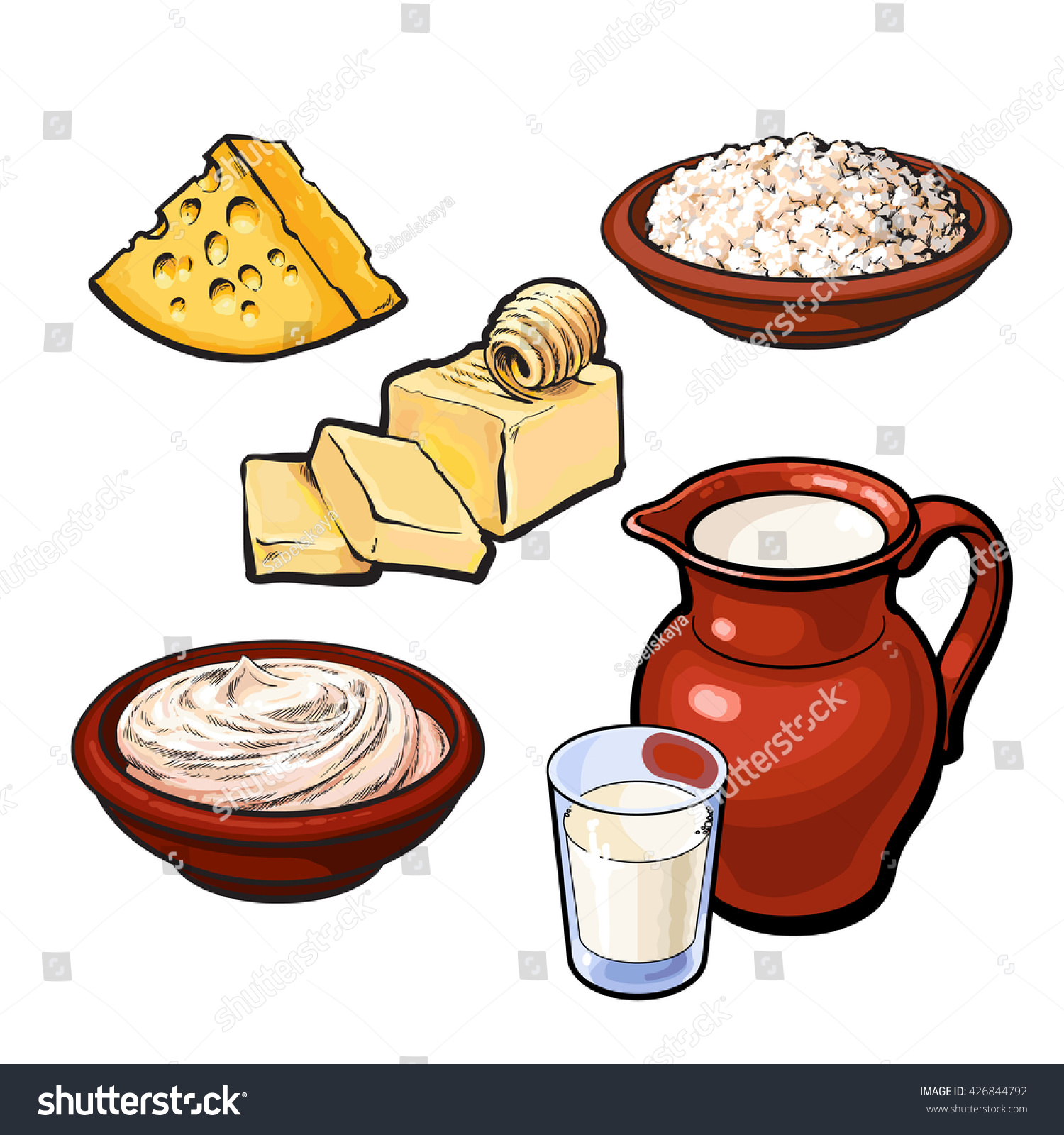 Set Dairy Products Vector Sketch Handdrawn เวกเตอร์สต็อก ปลอดค่า