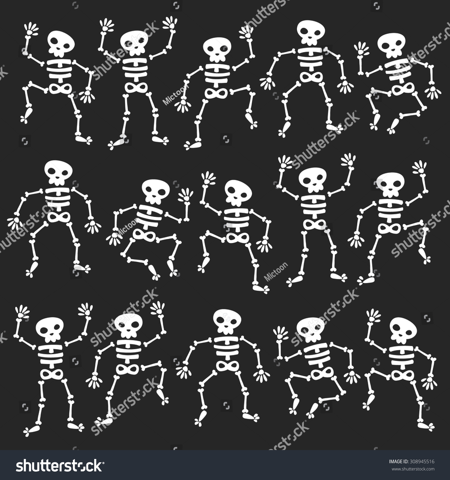 Set Of Dancing Skeletons Isolated On Black Stock Vector Illustration ...