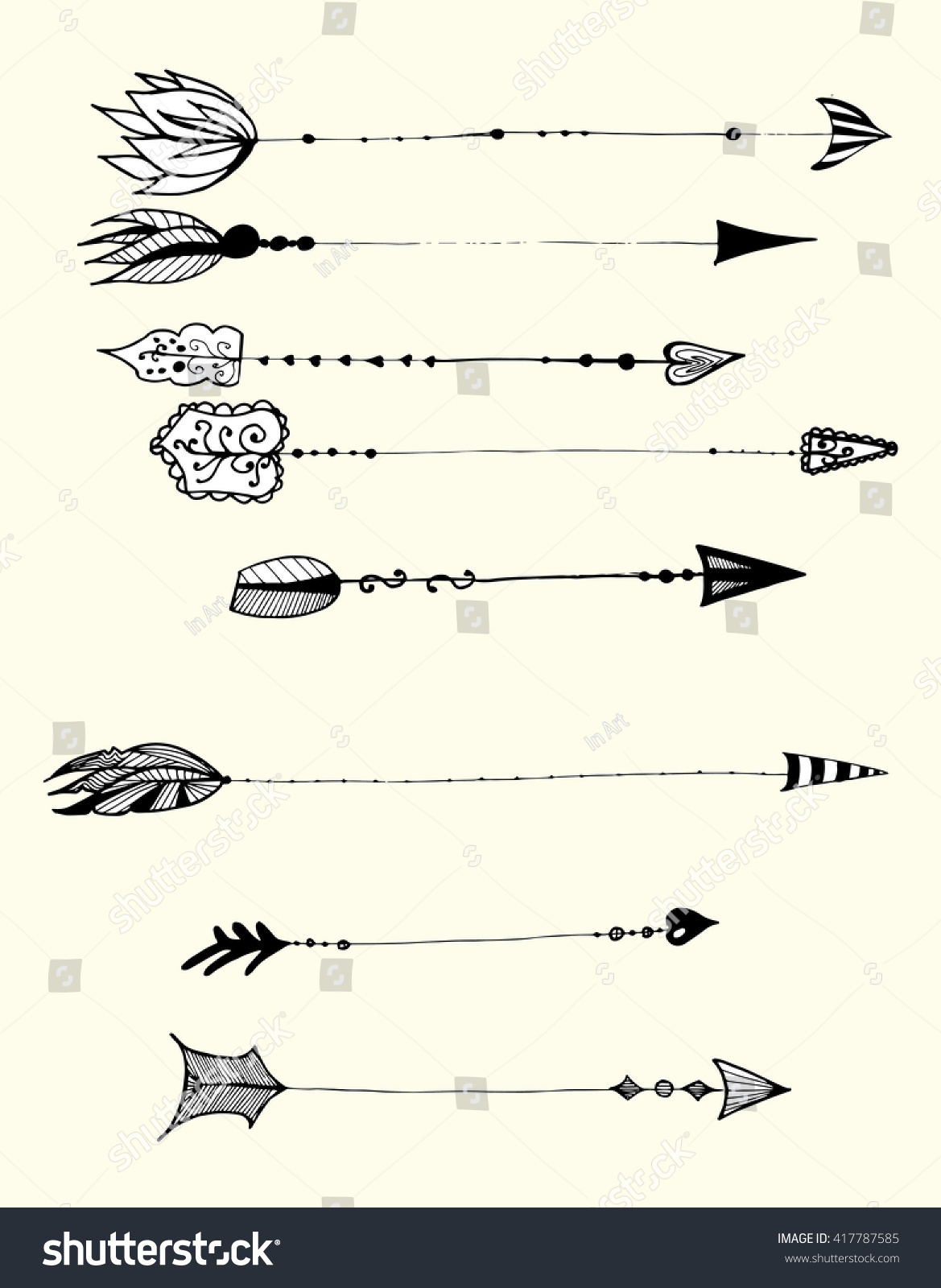 Set Of Decorative Arrows. Stylized Arrows. Black And White Drawing By 