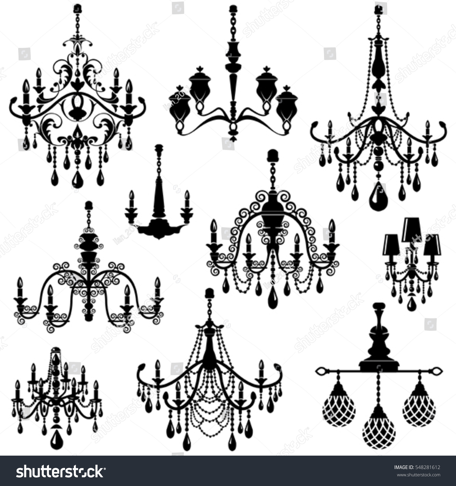 Set Of Decorative Elegant Luxury Vintage Crystal Chandelier Icons Black Silhouette Luster Isolated On White Set Of Decorative Elegant Luxury Vintage Crystal Chandelier Icons Black Silhouette Luster Isolated On White