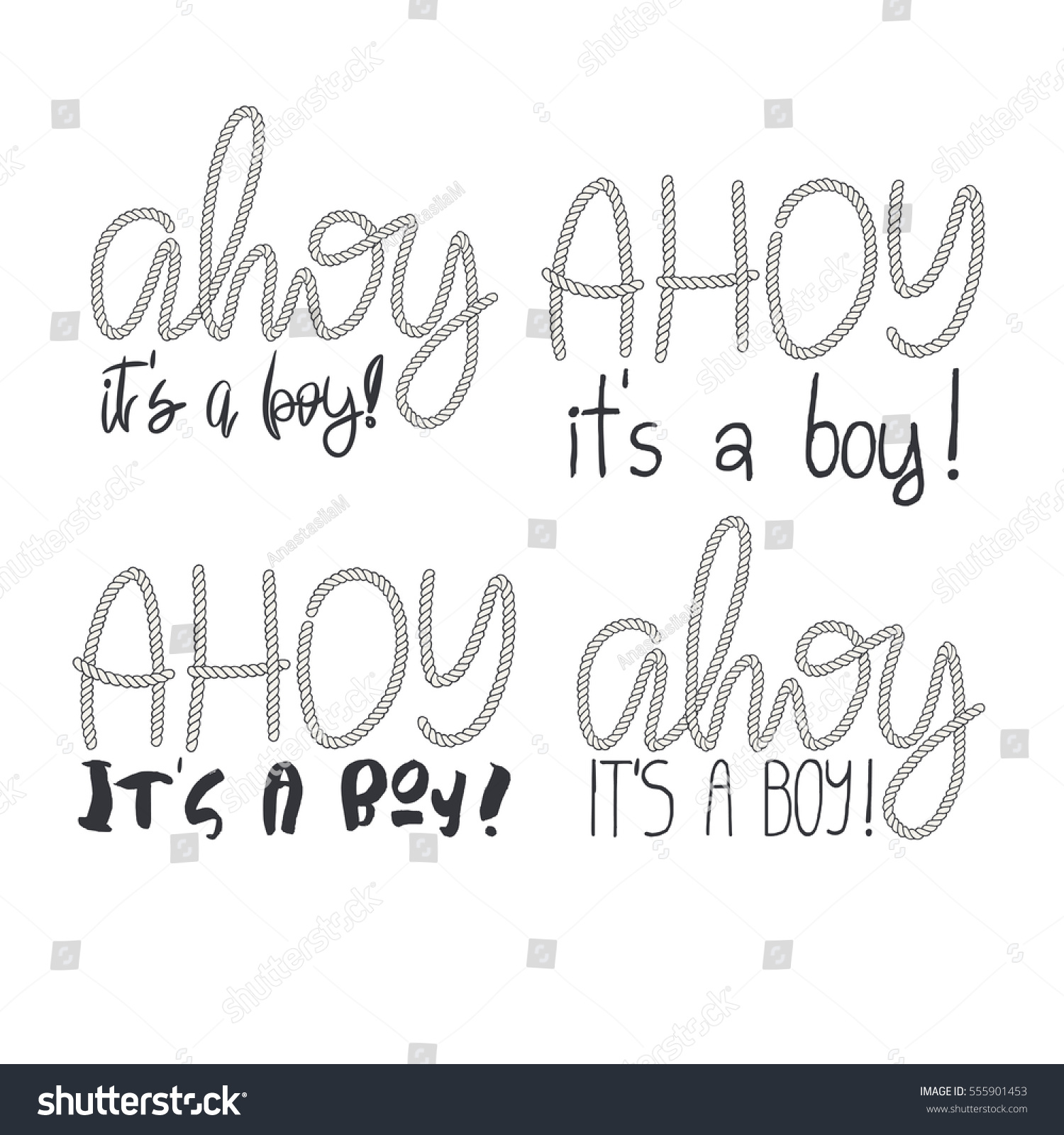 SVG of Set of 4 decorative rope hand lettering Ahoy Its A Boy. Handwritten cord phrases isolated on white background. Vector Design element for Baby Shower. svg